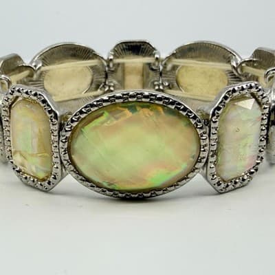 Vintage Silver Tone Iridescent Faux Opal Panel Stretch Bracelet Statement Retro - Thumbnail 5