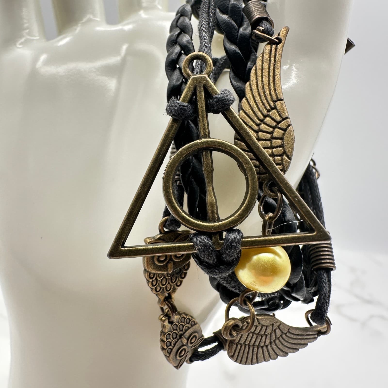 Vintage Handcrafted Owls Wings Harry Potter Golden Bead Deathly Hallows Charm - Thumbnail 3