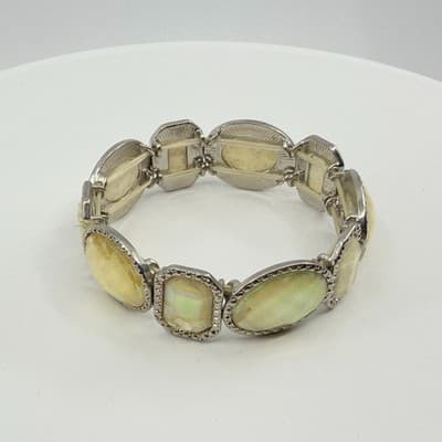 Vintage Silver Tone Iridescent Faux Opal Panel Stretch Bracelet Statement Retro - Thumbnail 4