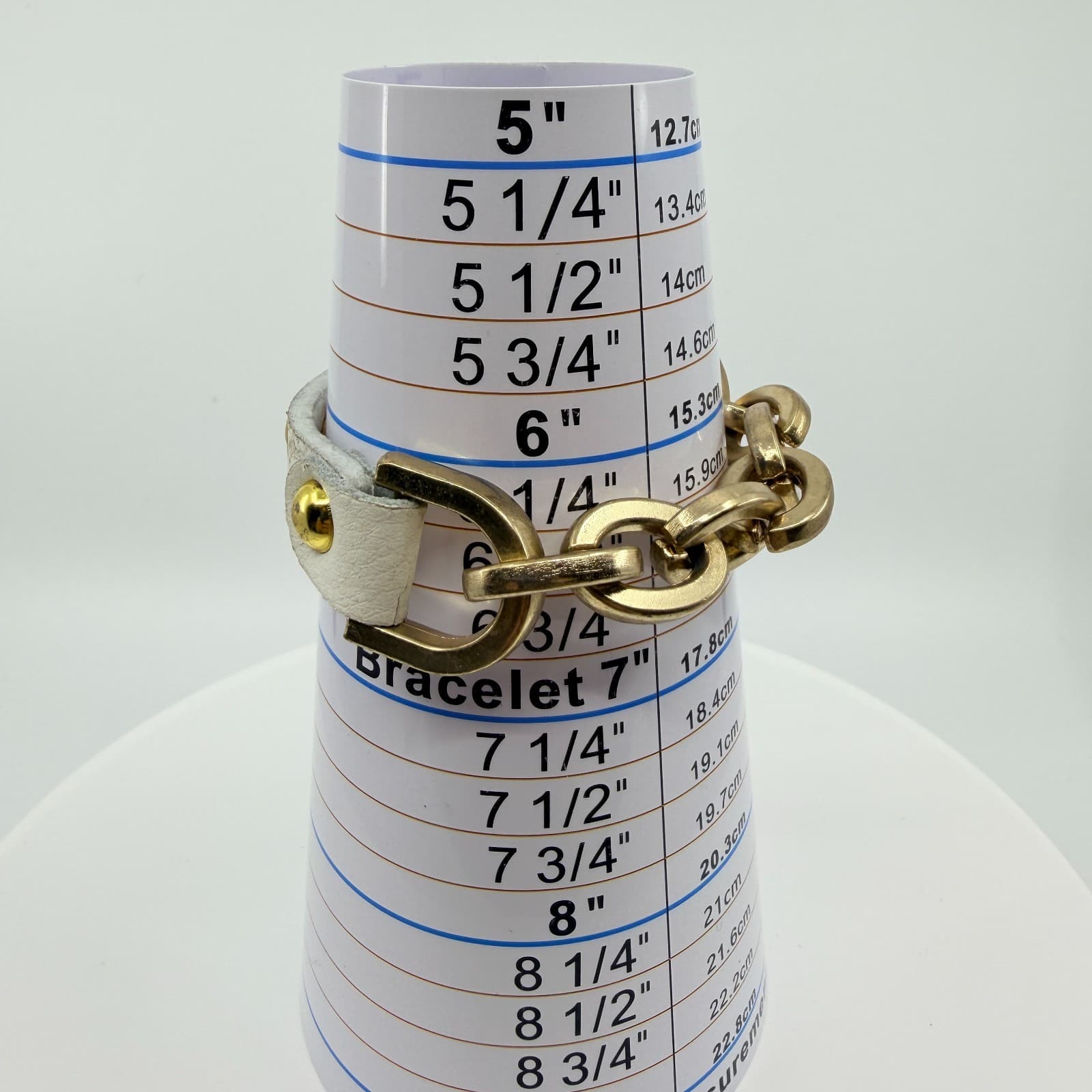 Vintage White Faux Leather Bracelet Gold Tone Link Chain Studded Hardware Boho - Thumbnail 8