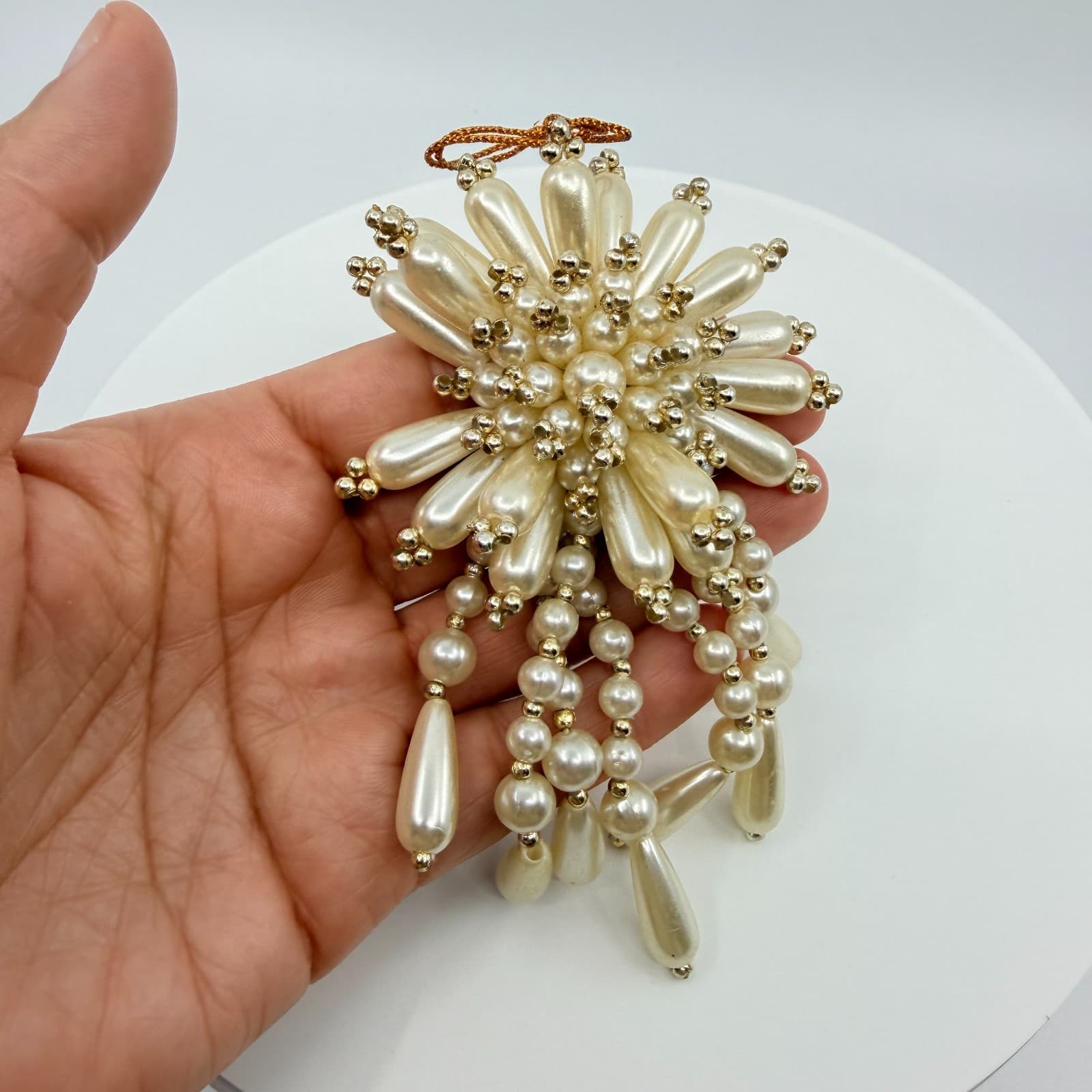 Vintage Faux Pearl Starburst Brooch Pin Dangle Waterfall Drop Cream Statement - Thumbnail 7