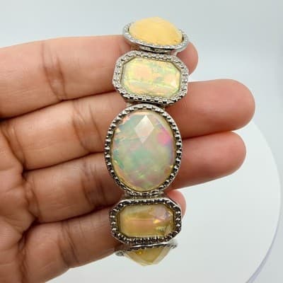 Vintage Silver Tone Iridescent Faux Opal Panel Stretch Bracelet Statement Retro - Thumbnail 6