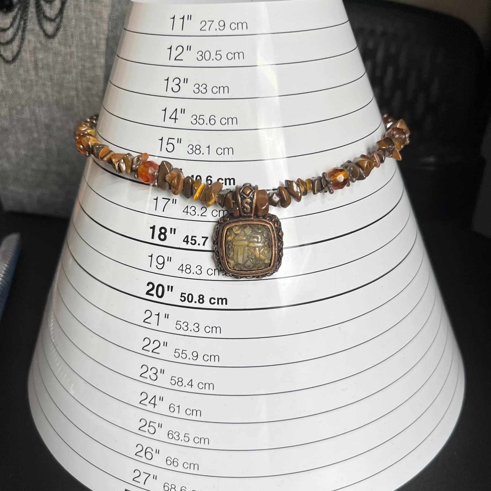 Vintage Earthy Tiger’s Eye Chip Necklace Bronze Square Pendant Boho Statement - Thumbnail 6