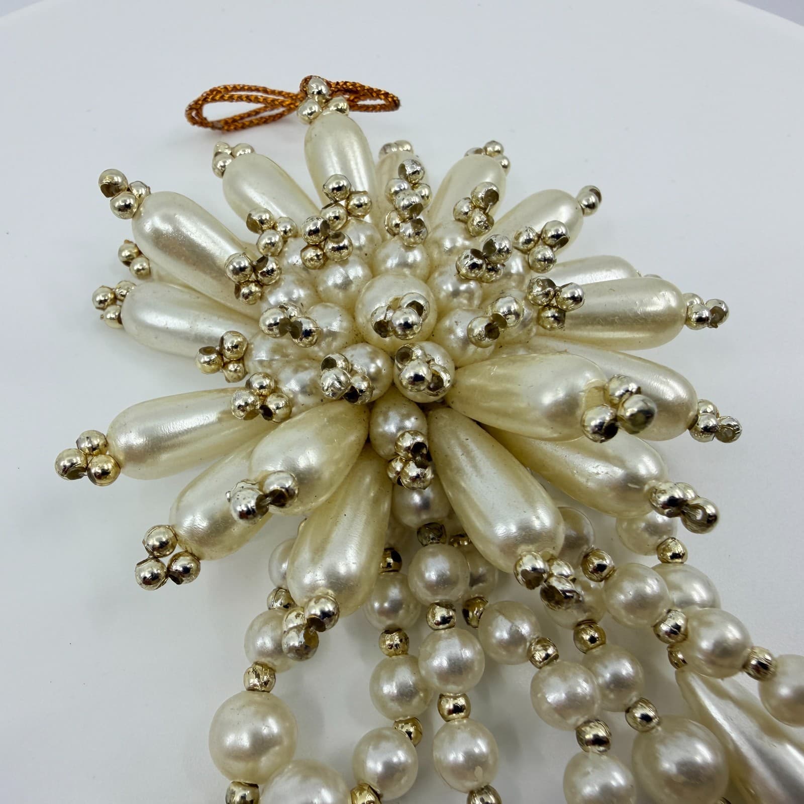 Vintage Faux Pearl Starburst Brooch Pin Dangle Waterfall Drop Cream Statement - Thumbnail 3