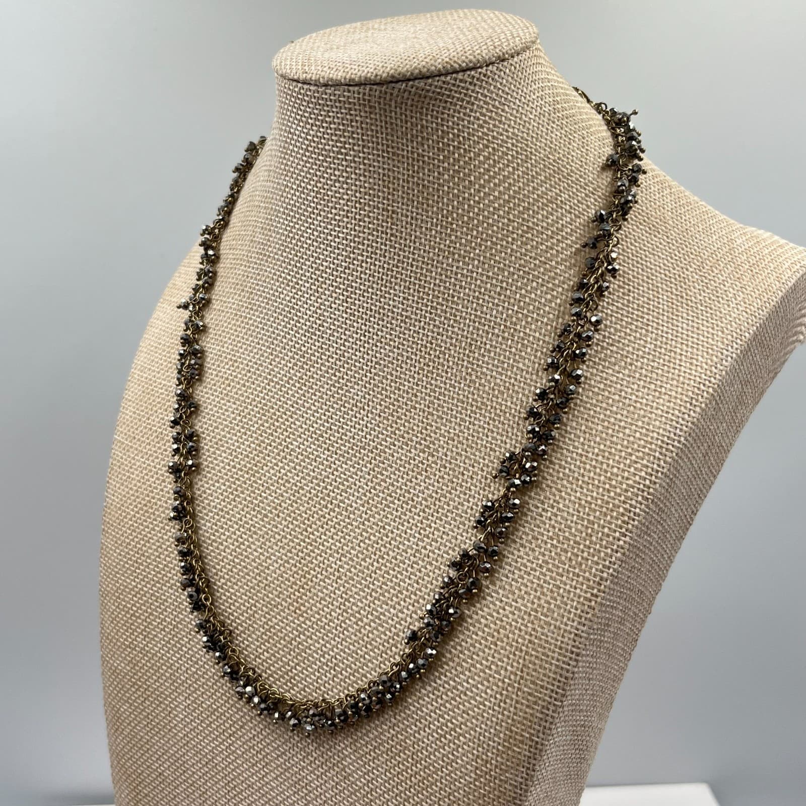 Vintage Boho Bronze Tone Hematite Glass Bead Cluster Fringe Necklace 20" Classic - Thumbnail 4