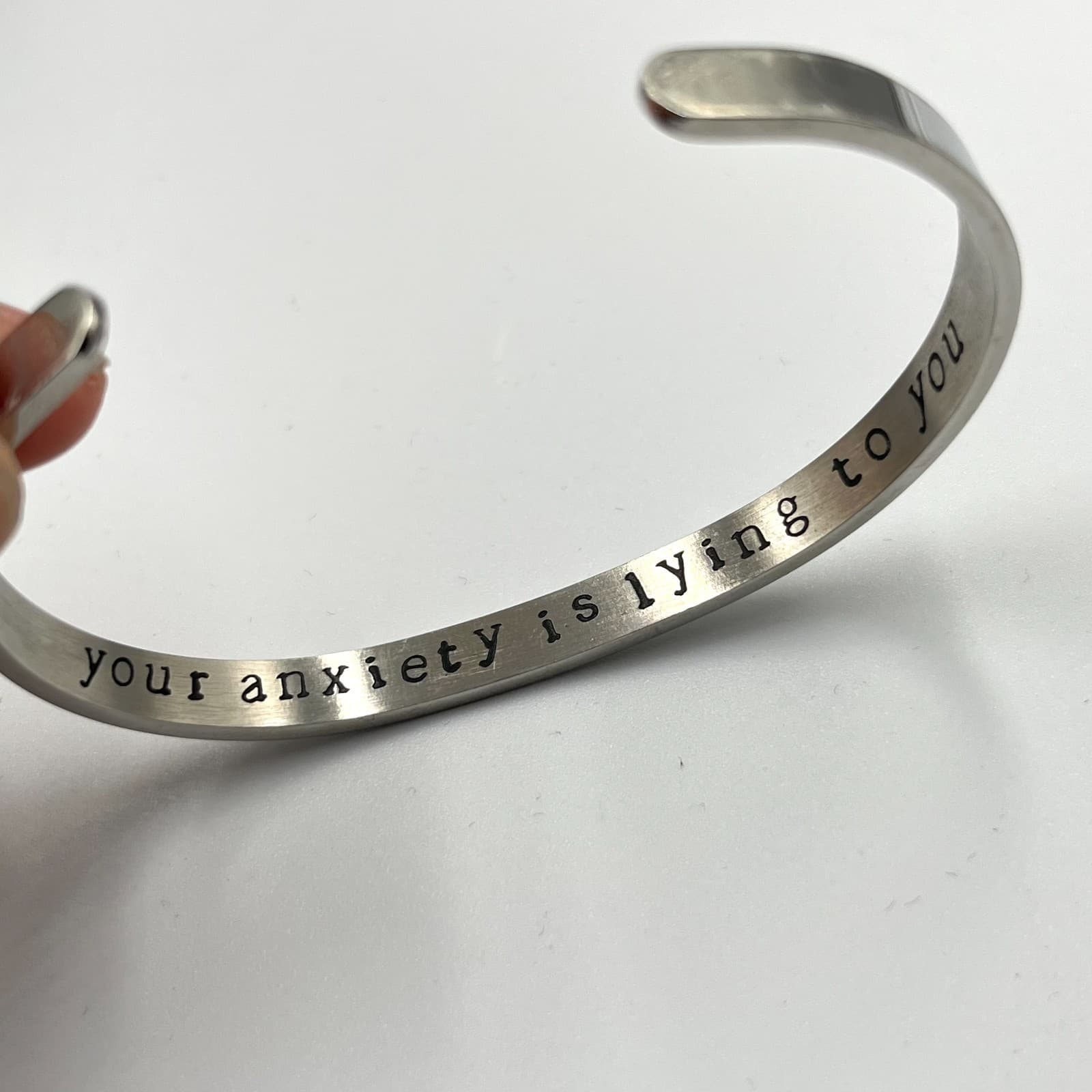 Vintage Modern Silver Tone Mantra Cuff Bracelet "Your Anxiety Is Lying To You" - Thumbnail 4