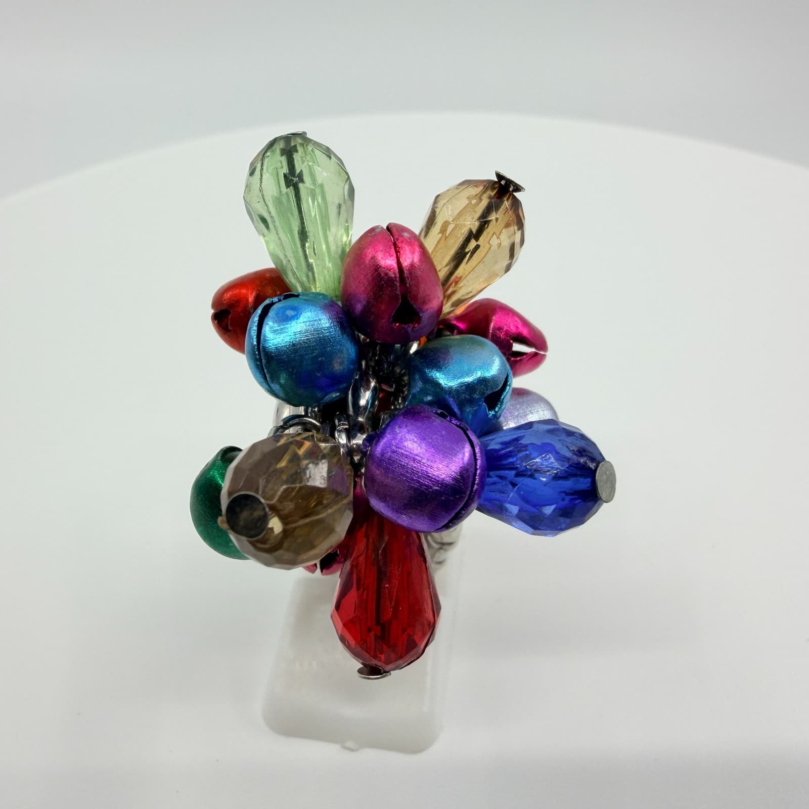 Silver Tone Multicolor Jingle Bell Bead Cluster Stretch Ring Chunky Statement - Thumbnail 3