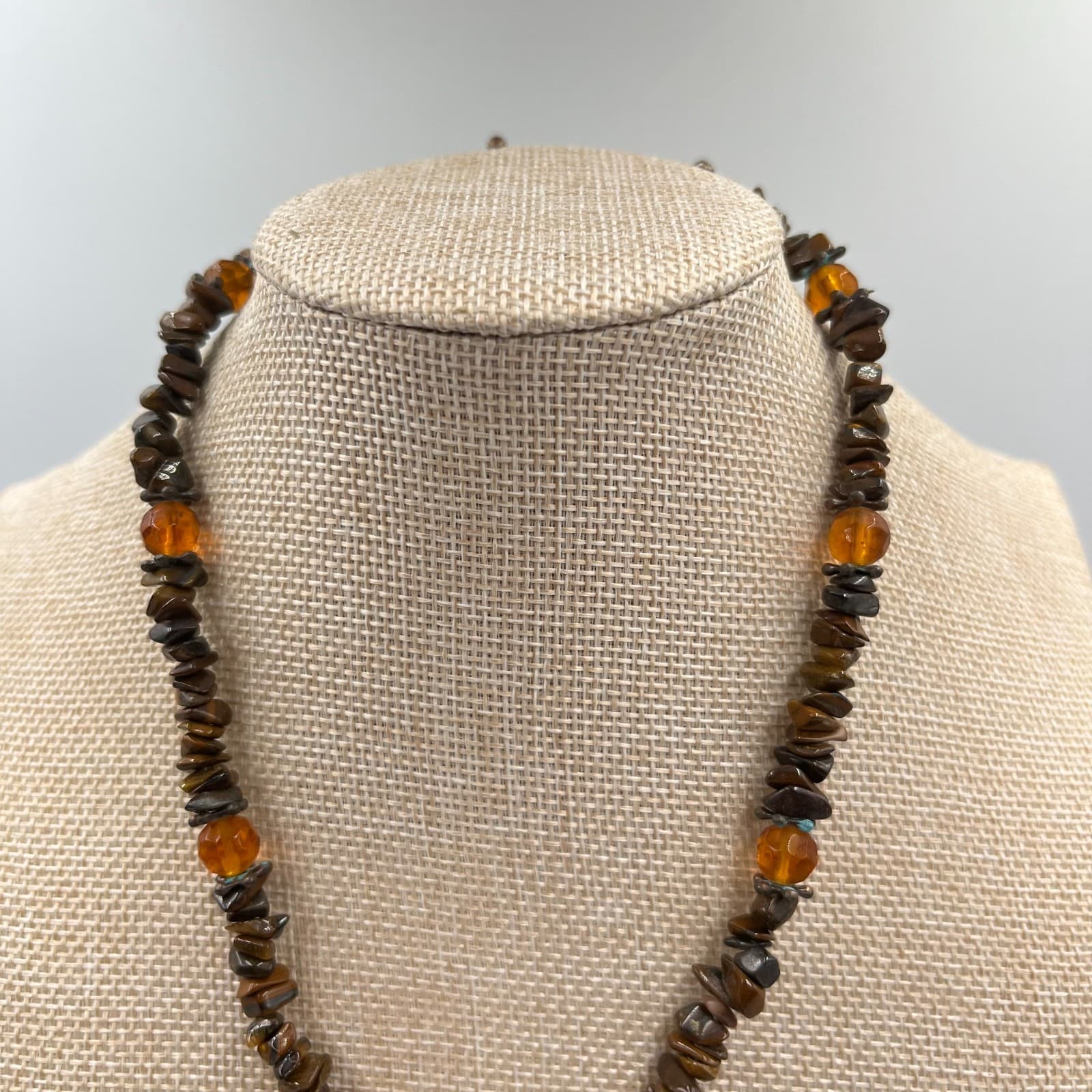 Vintage Earthy Tiger’s Eye Chip Necklace Bronze Square Pendant Boho Statement - Thumbnail 2