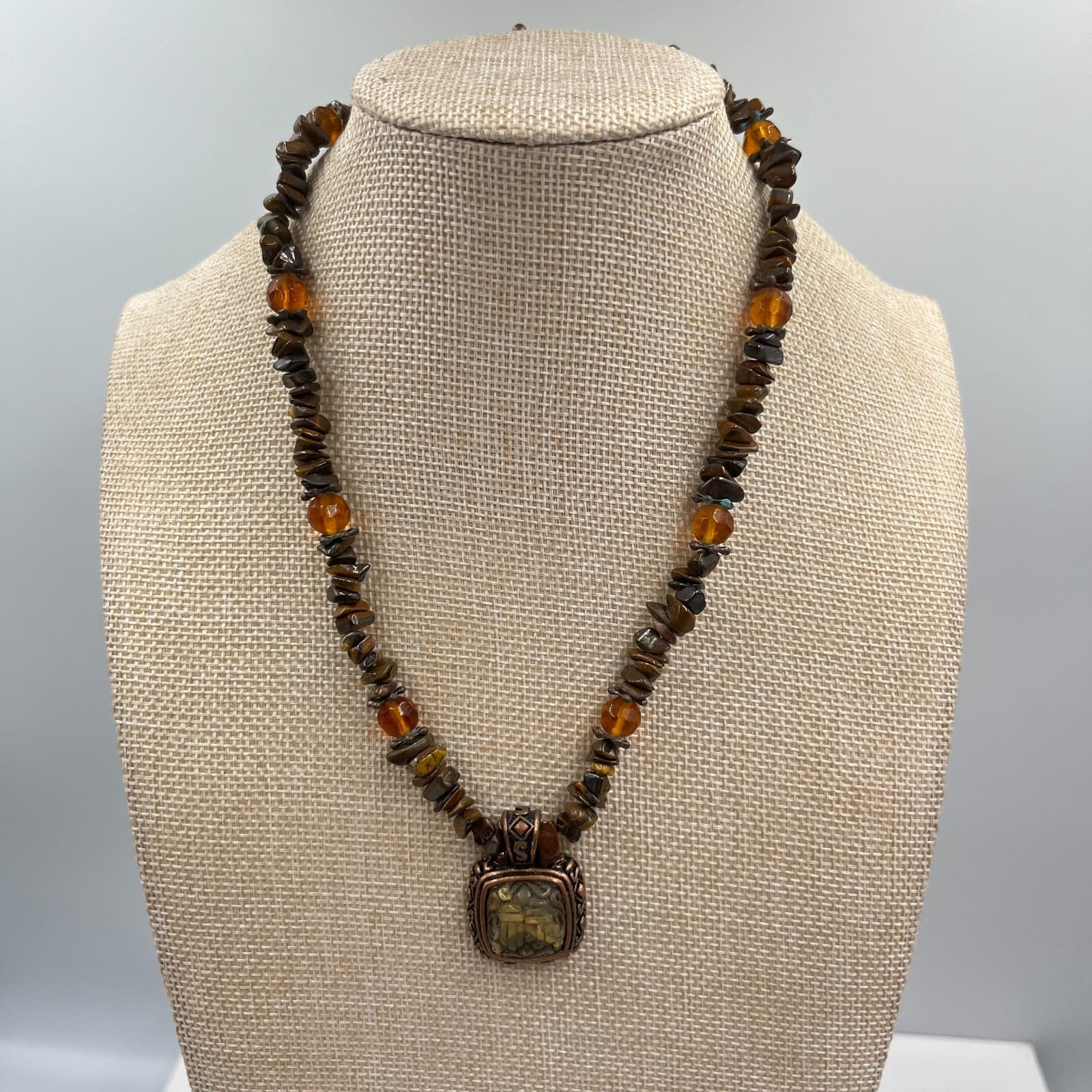 Vintage Earthy Tiger’s Eye Chip Necklace Bronze Square Pendant Boho Statement