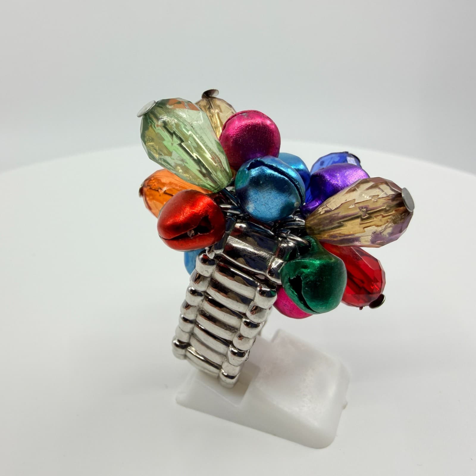 Silver Tone Multicolor Jingle Bell Bead Cluster Stretch Ring Chunky Statement - Thumbnail 5