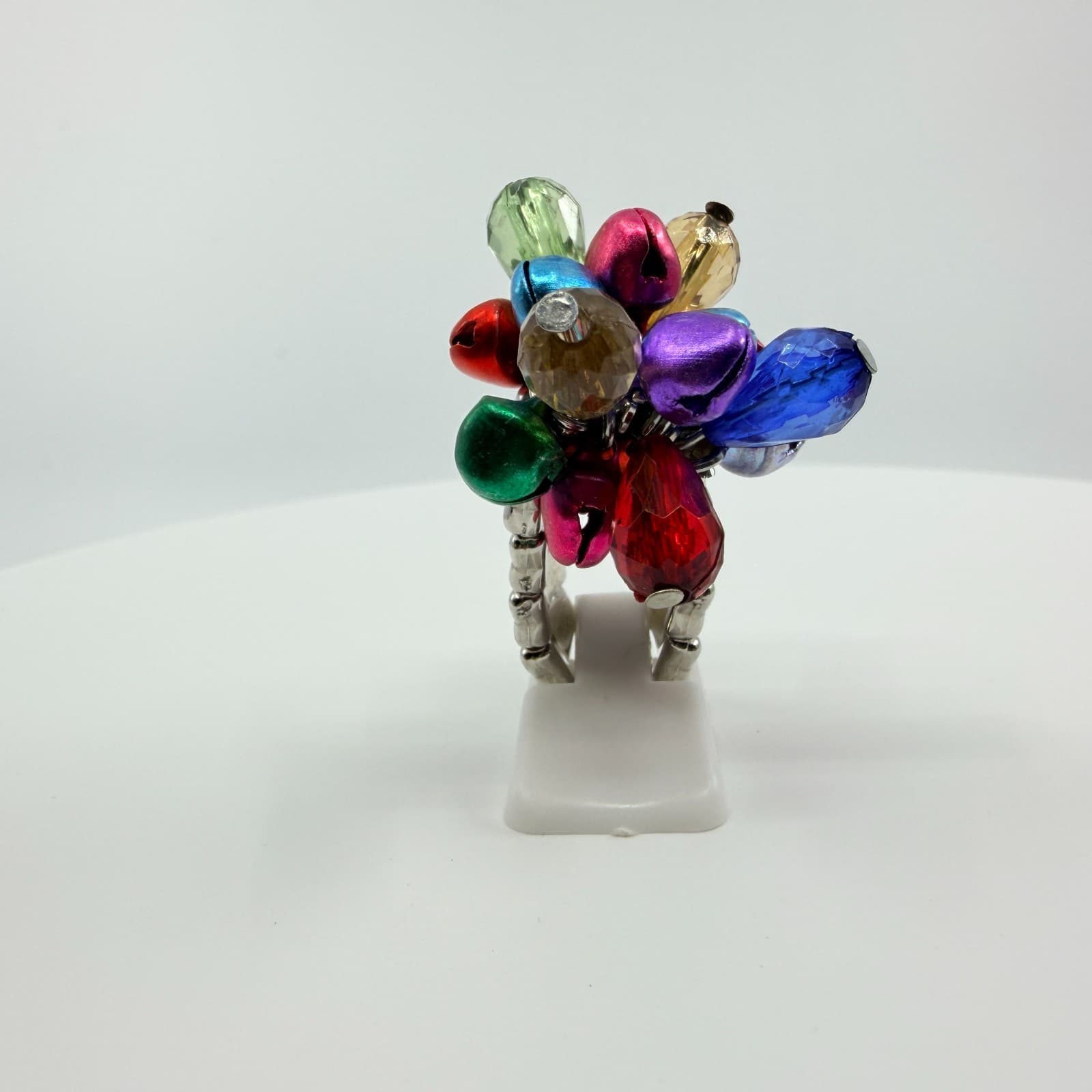 Silver Tone Multicolor Jingle Bell Bead Cluster Stretch Ring Chunky Statement - Thumbnail 4