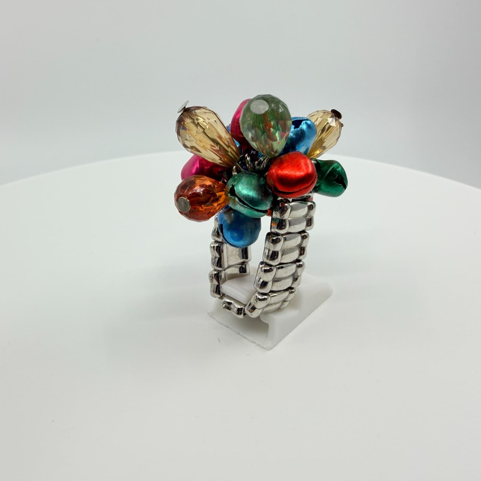 Silver Tone Multicolor Jingle Bell Bead Cluster Stretch Ring Chunky Statement - Thumbnail 6