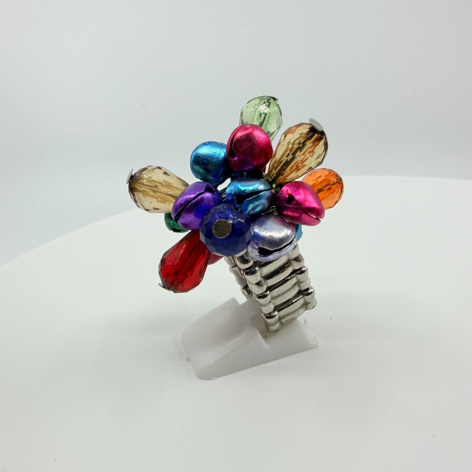 Silver Tone Multicolor Jingle Bell Bead Cluster Stretch Ring Chunky Statement - Thumbnail 2