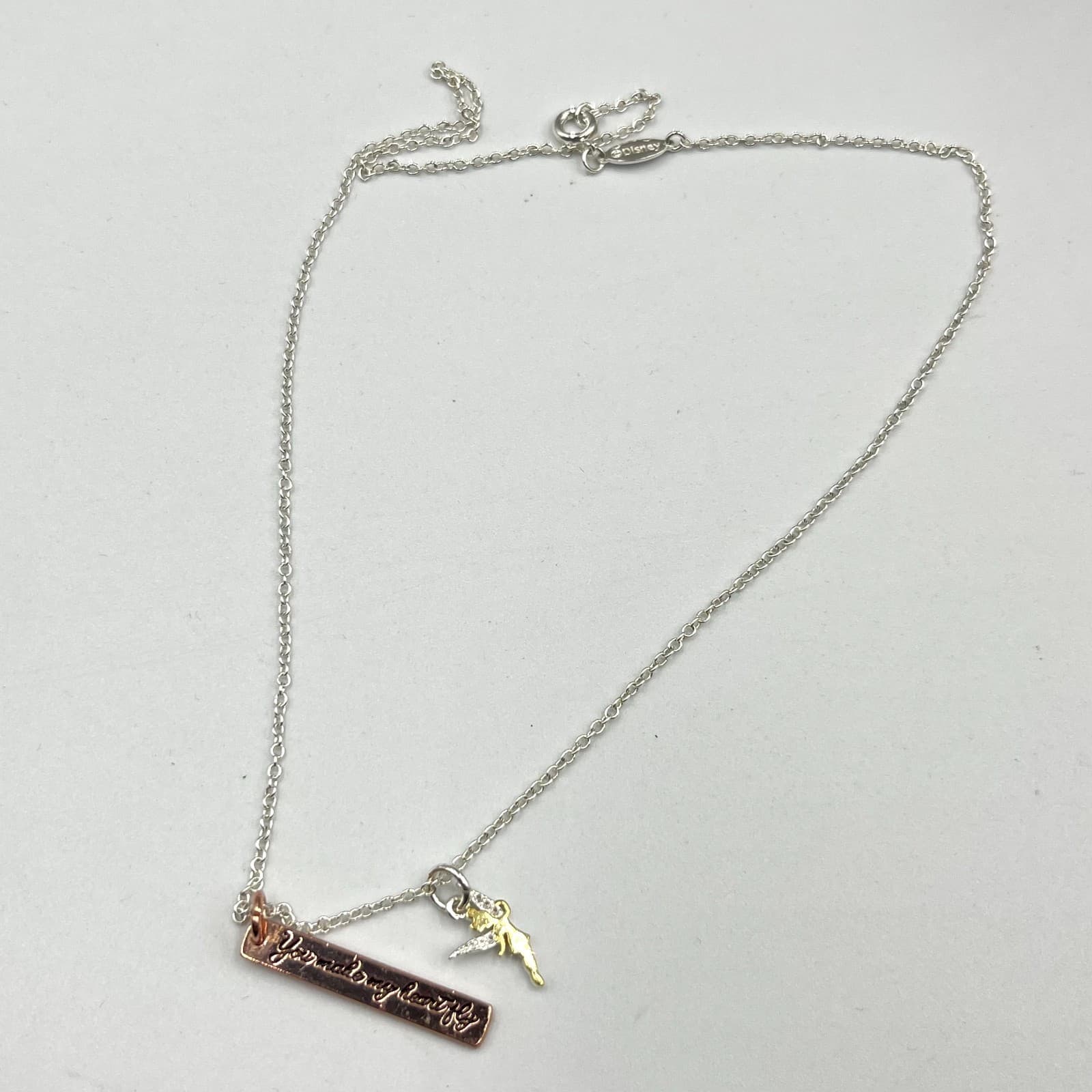 Vintage Disney Tinkerbell Bar Necklace Silver Rose Gold Tone Quote Charm 18" - Thumbnail 3