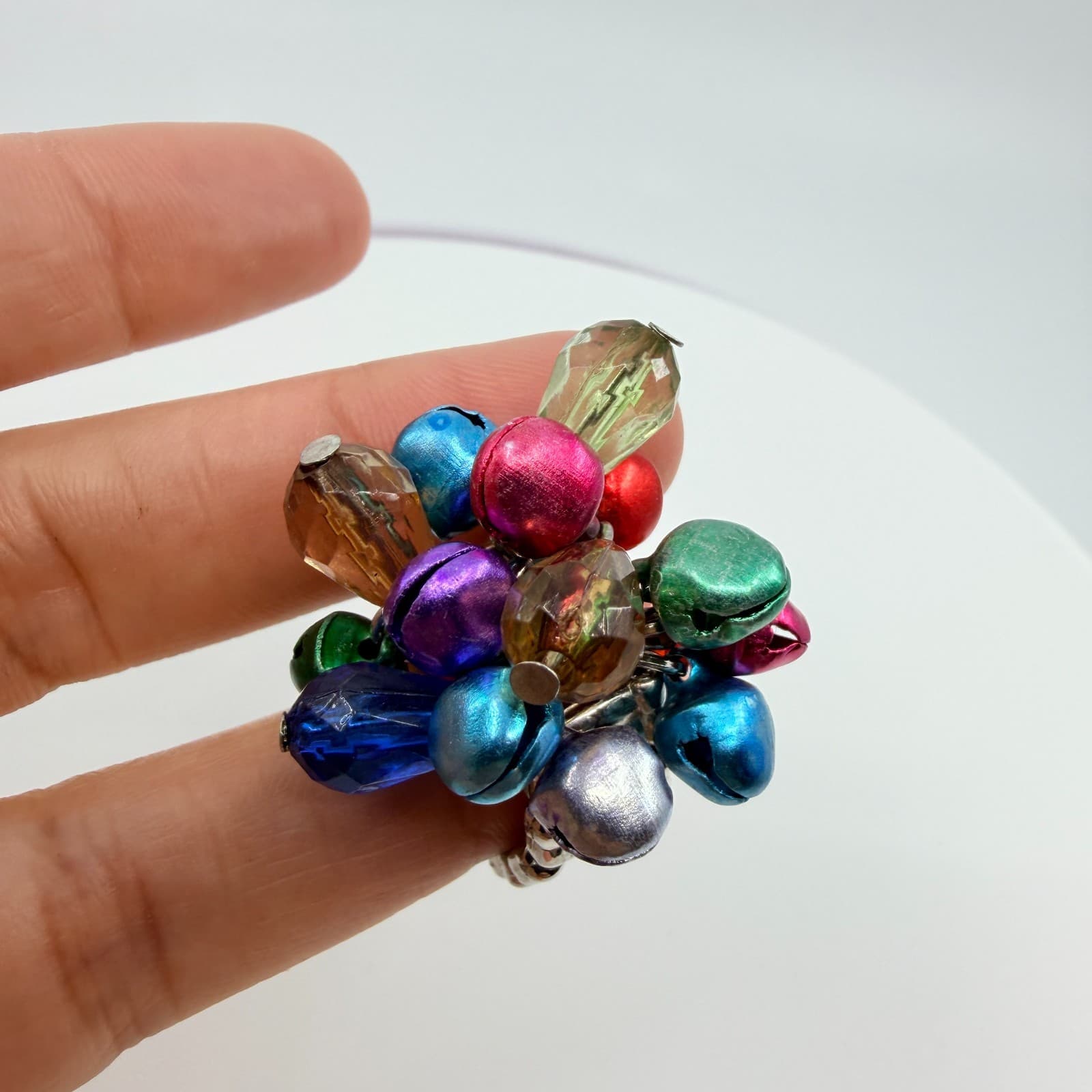 Silver Tone Multicolor Jingle Bell Bead Cluster Stretch Ring Chunky Statement - Thumbnail 7