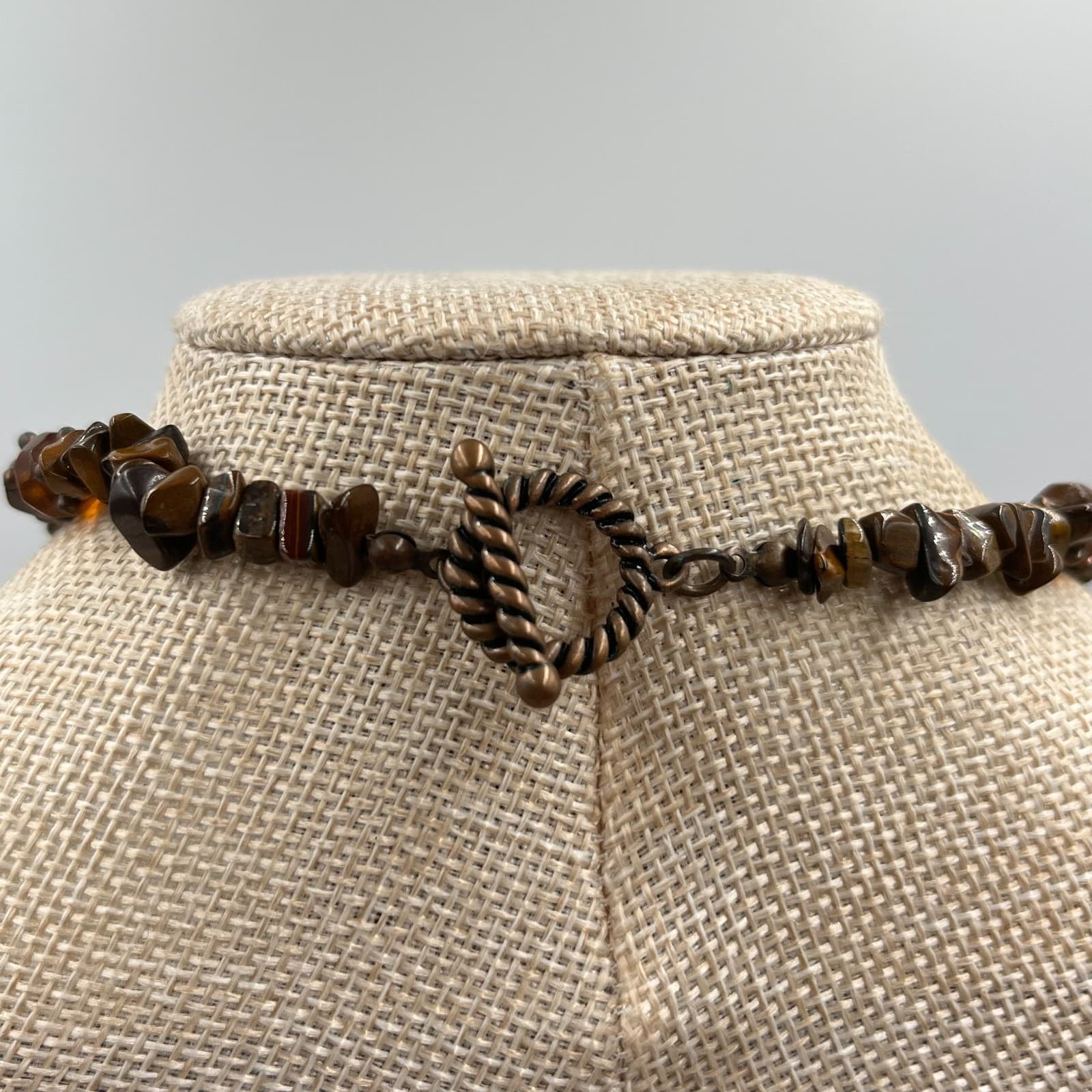 Vintage Earthy Tiger’s Eye Chip Necklace Bronze Square Pendant Boho Statement - Thumbnail 5