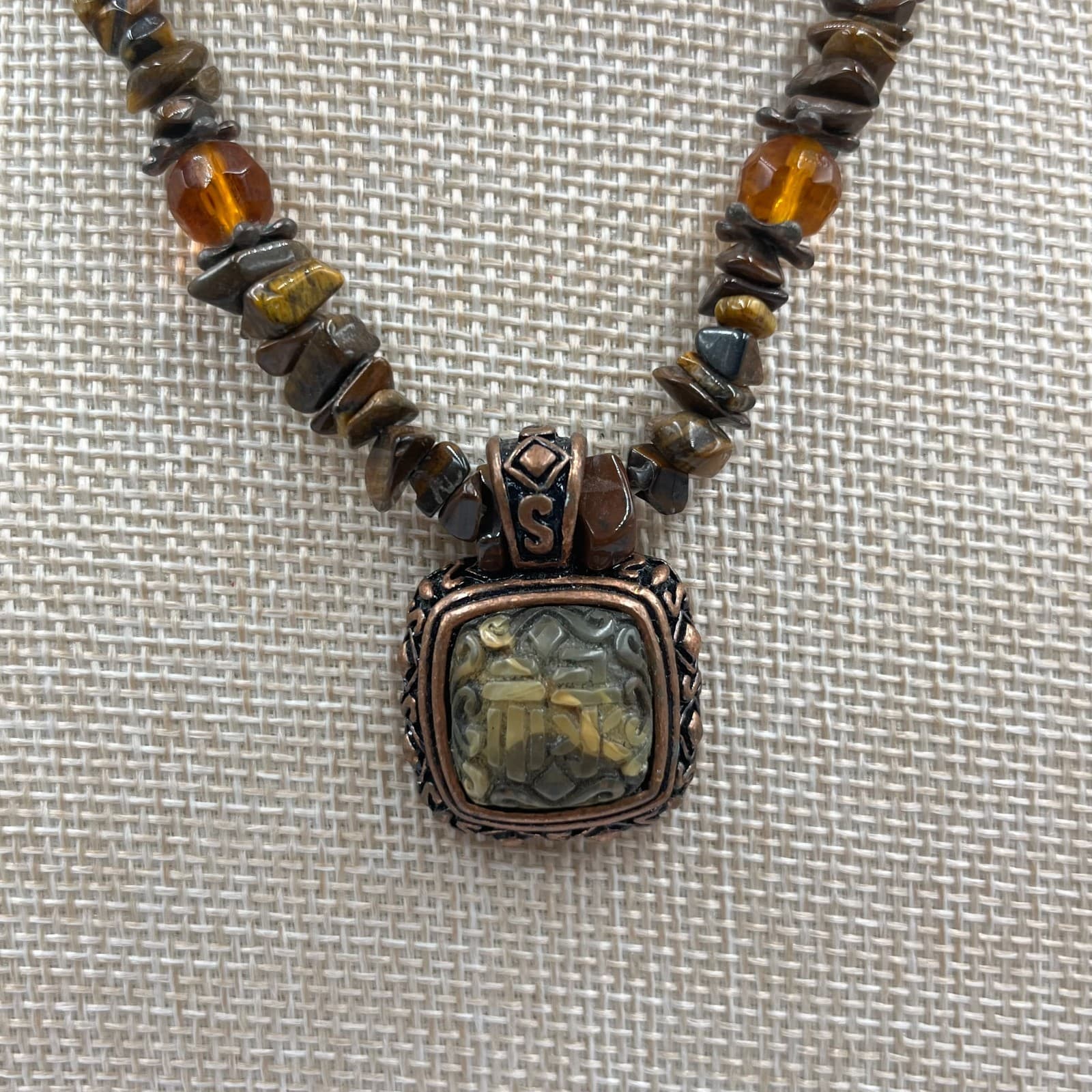 Vintage Earthy Tiger’s Eye Chip Necklace Bronze Square Pendant Boho Statement - Thumbnail 3