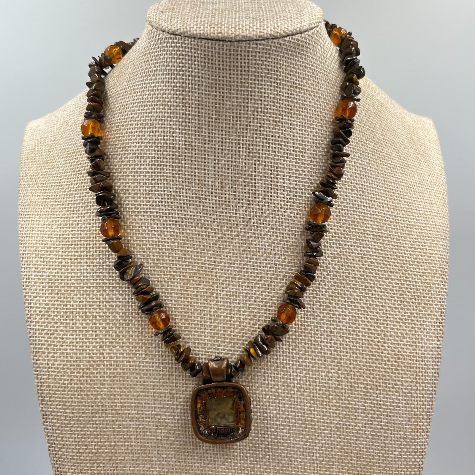 Vintage Earthy Tiger’s Eye Chip Necklace Bronze Square Pendant Boho Statement - Thumbnail 4