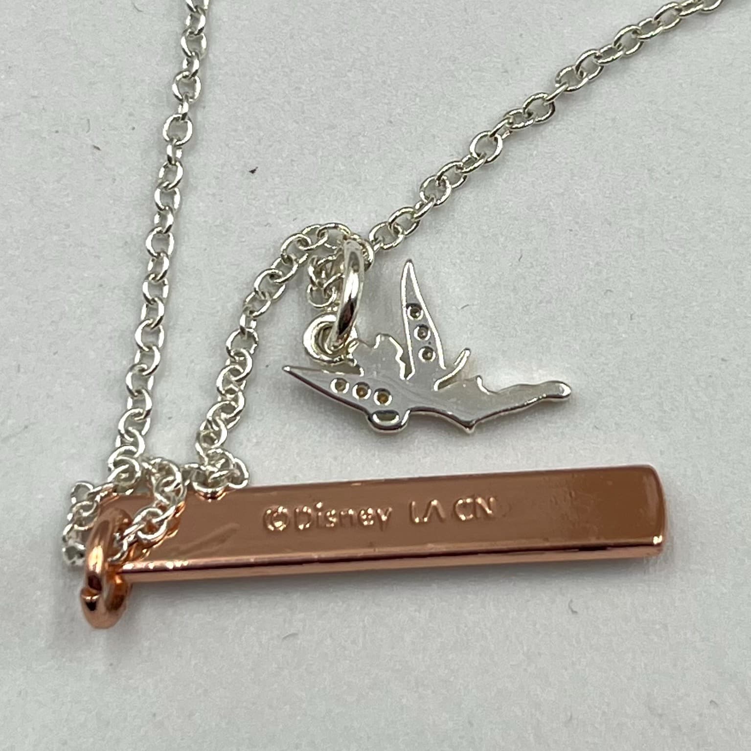 Vintage Disney Tinkerbell Bar Necklace Silver Rose Gold Tone Quote Charm 18" - Thumbnail 5