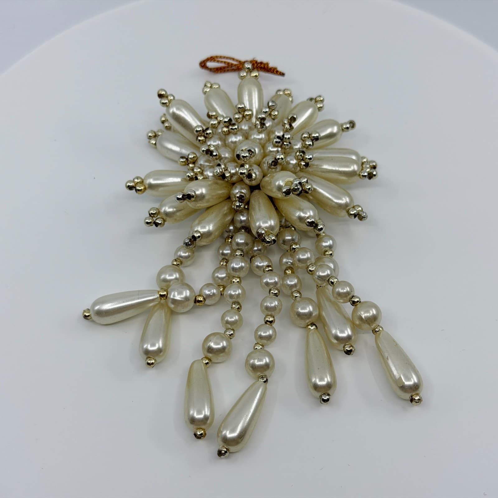Vintage Faux Pearl Starburst Brooch Pin Dangle Waterfall Drop Cream Statement - Thumbnail 2