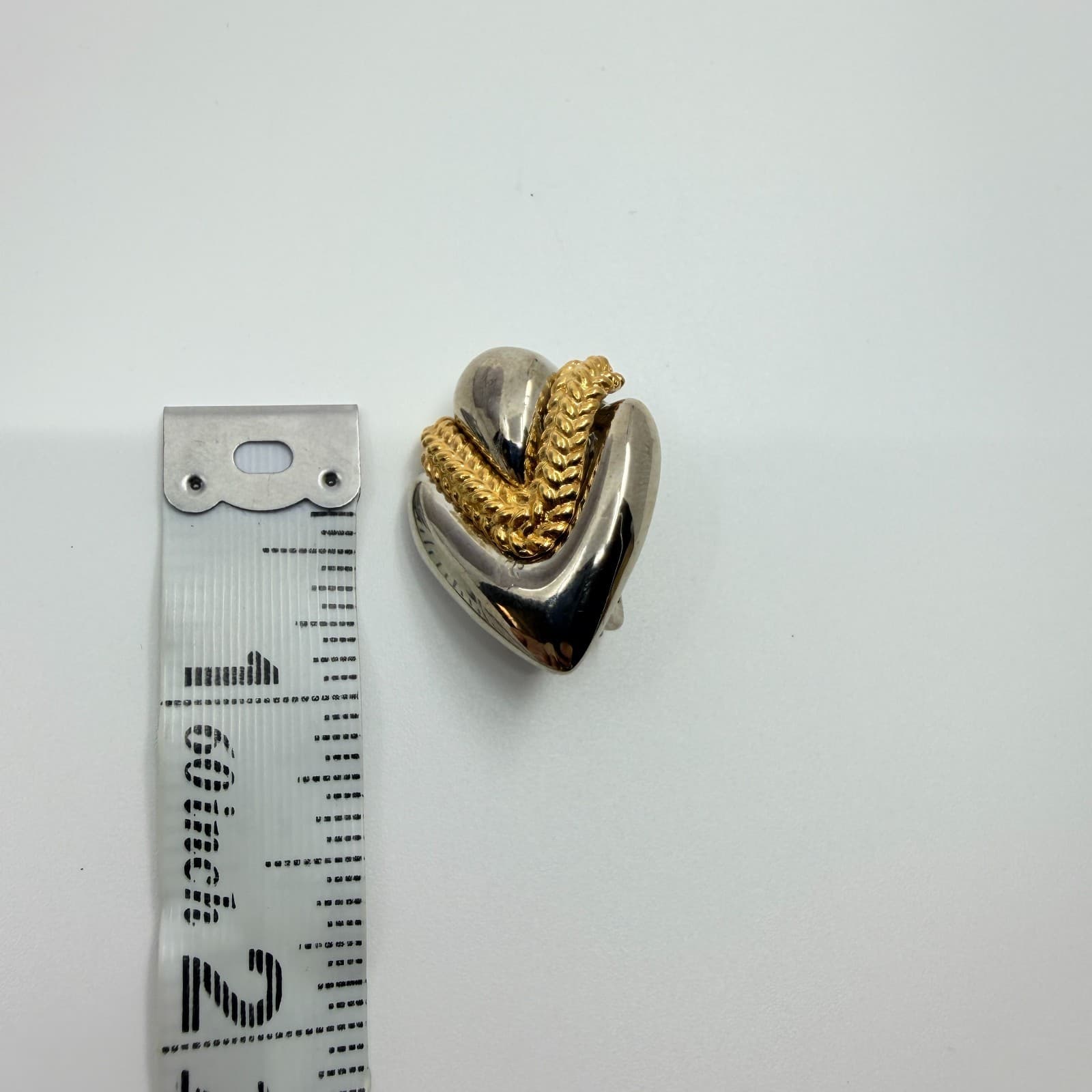 Earrings Vintage Two Tone Gold Silver Tone Heart Clip On Chunky Statement Ribbon - Thumbnail 6