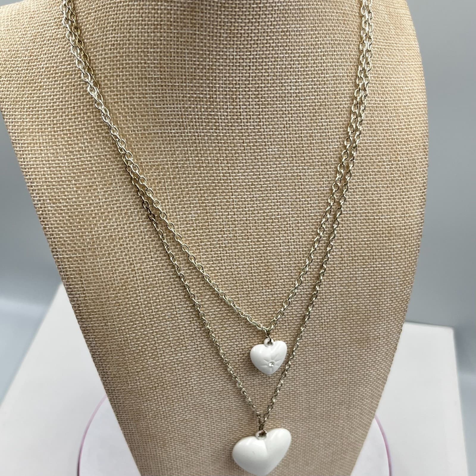 VTG Retro White Enamel Double Layer Heart Pendant Necklace Silver Tone Y2K Style - Thumbnail 7