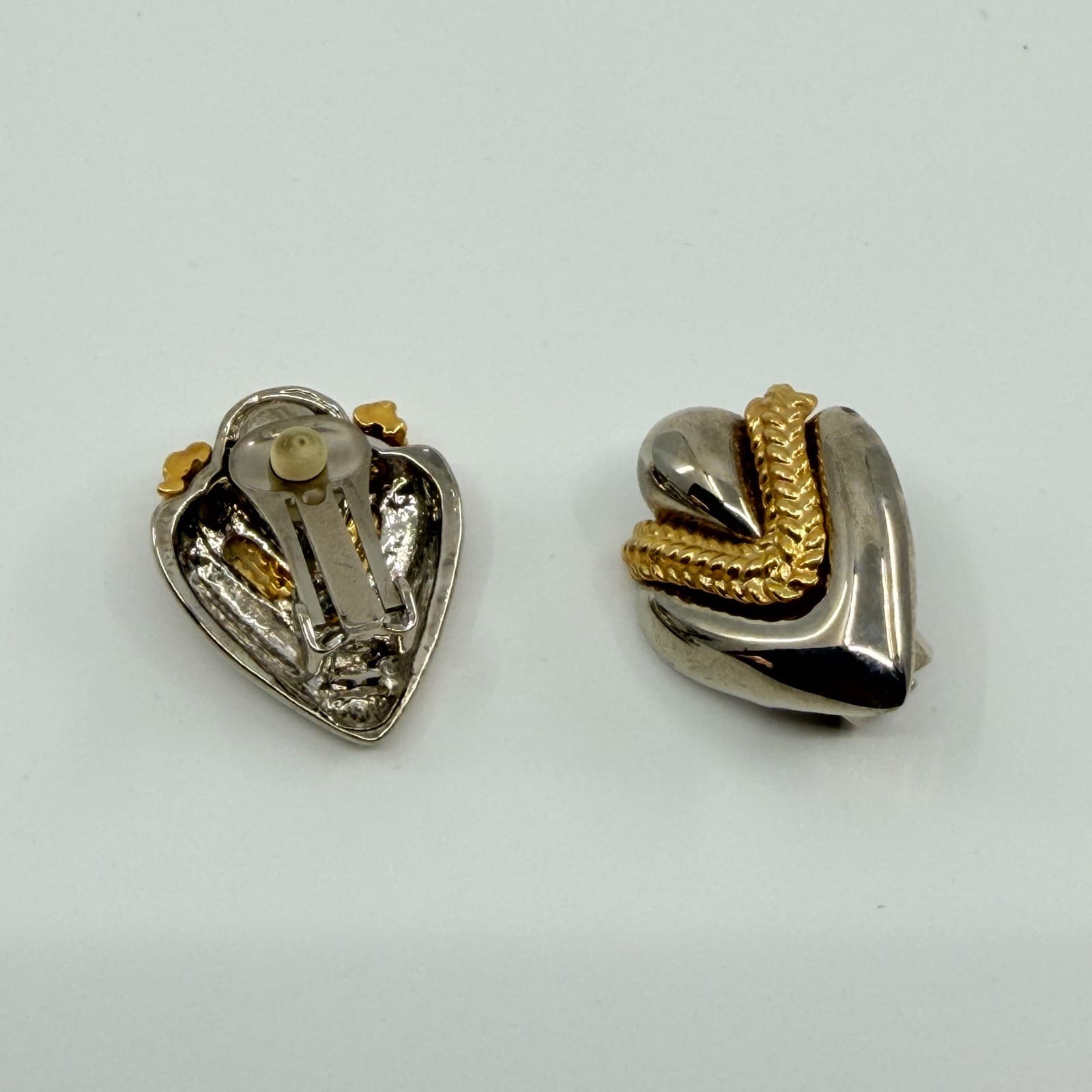Earrings Vintage Two Tone Gold Silver Tone Heart Clip On Chunky Statement Ribbon - Thumbnail 2