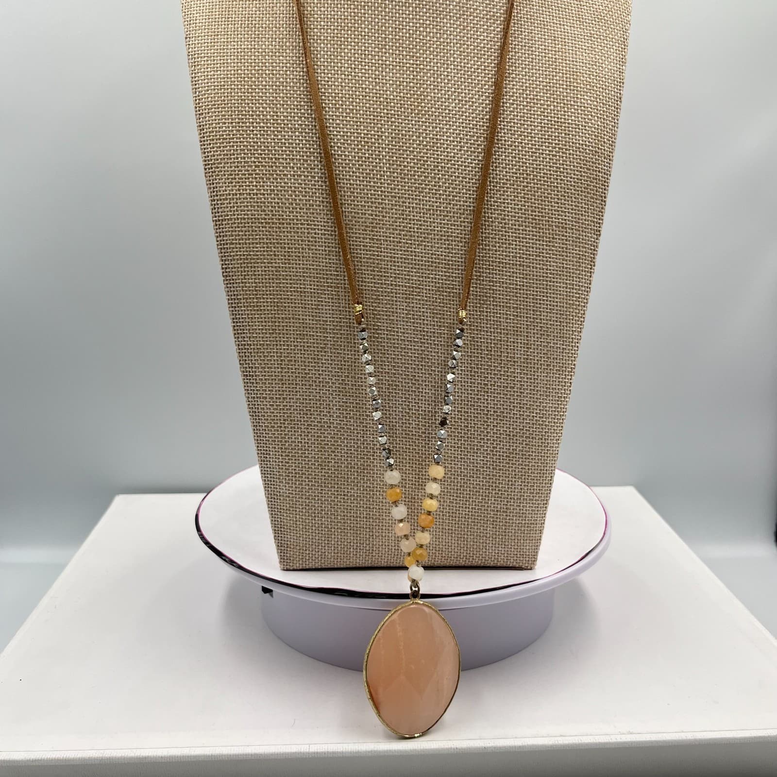 Boho Chic Peach Druzy Faux Suede Long Pendant Necklace Earth Tones Retro Style - Thumbnail 4
