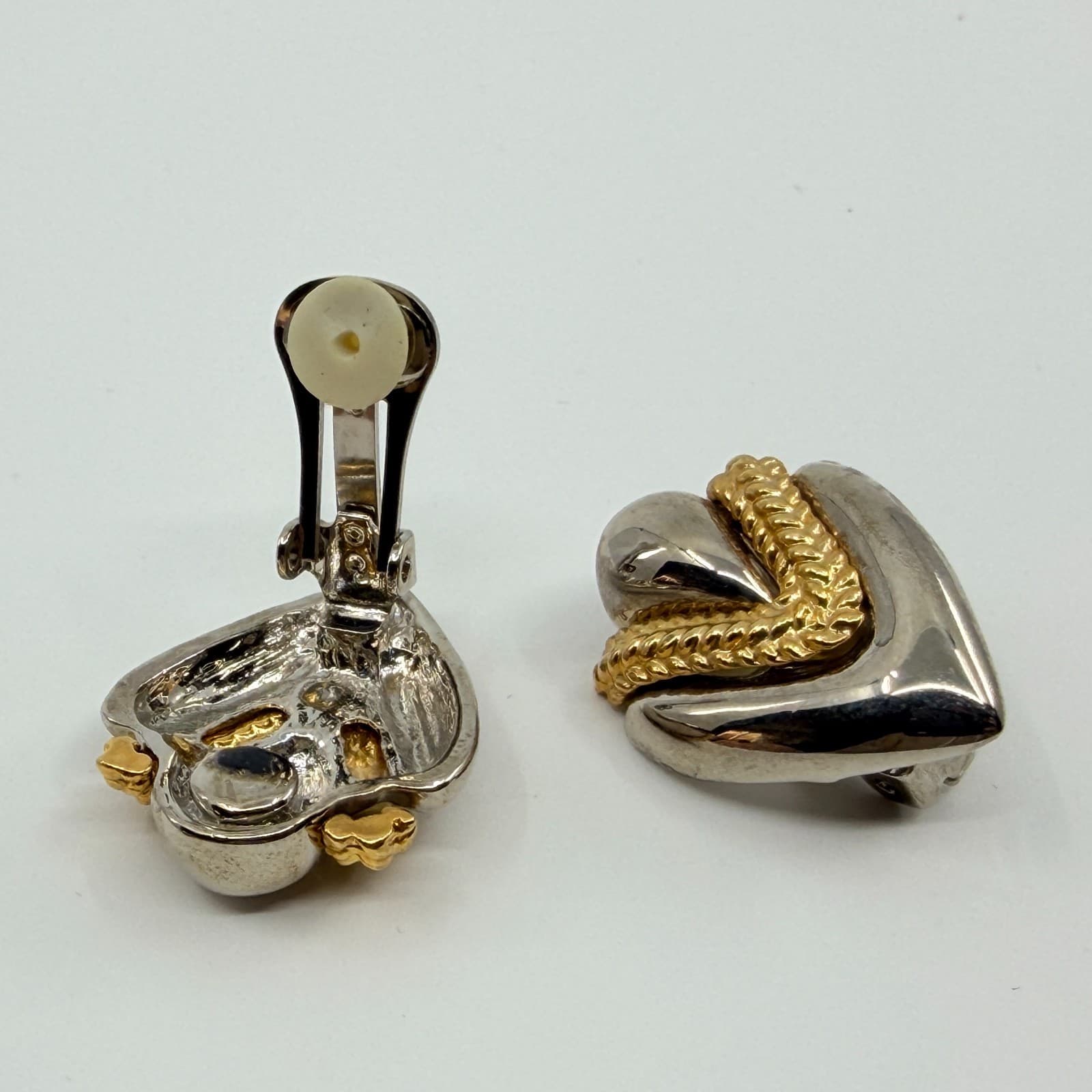 Earrings Vintage Two Tone Gold Silver Tone Heart Clip On Chunky Statement Ribbon - Thumbnail 4