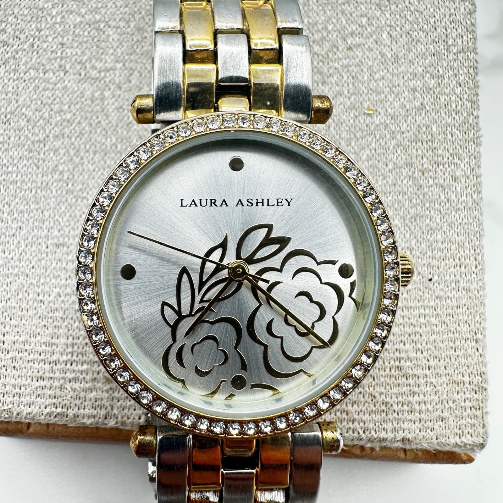 Vintage Laura Ashley Rhinestone Floral Embossed Analog Quartz Dial Classic - Thumbnail 4