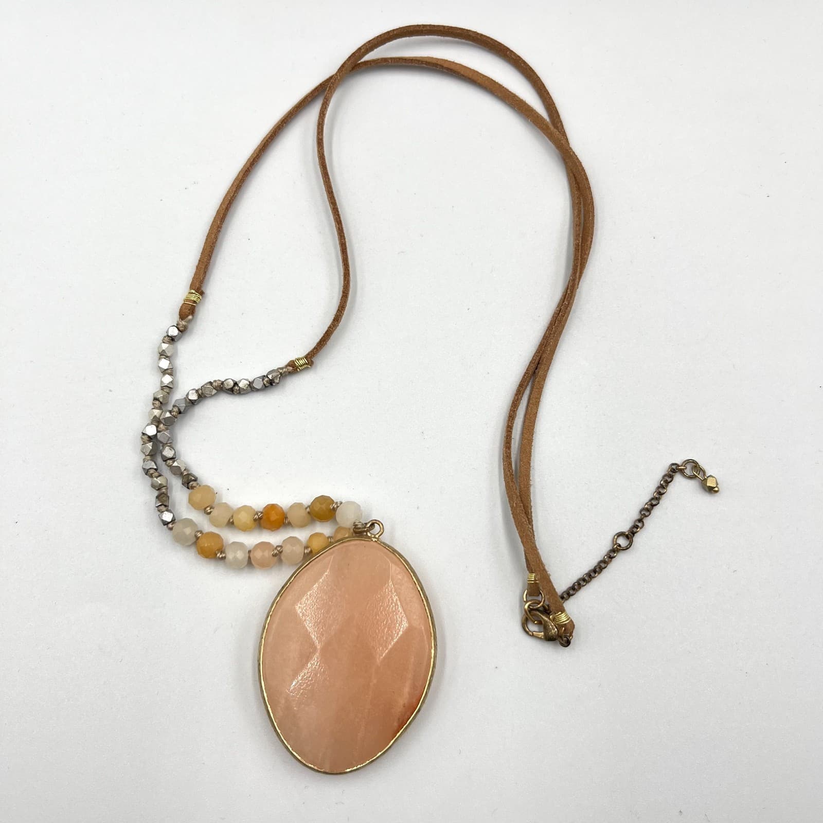 Boho Chic Peach Druzy Faux Suede Long Pendant Necklace Earth Tones Retro Style - Thumbnail 2