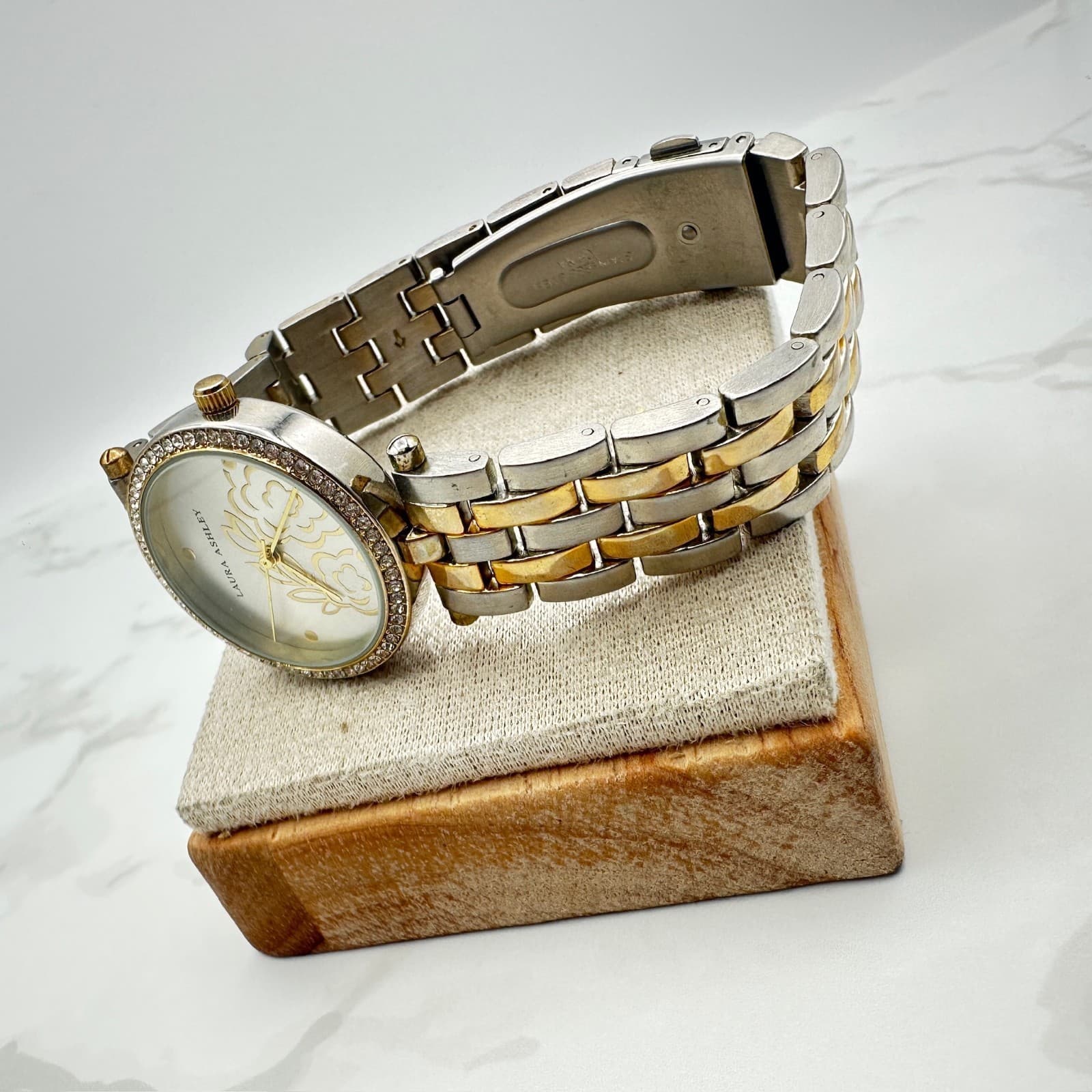 Vintage Laura Ashley Rhinestone Floral Embossed Analog Quartz Dial Classic - Thumbnail 2