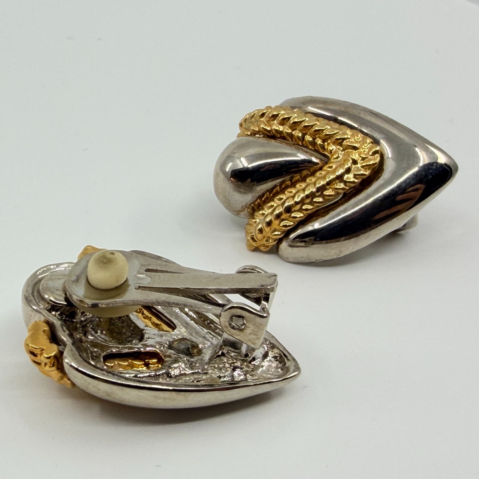 Earrings Vintage Two Tone Gold Silver Tone Heart Clip On Chunky Statement Ribbon - Thumbnail 3