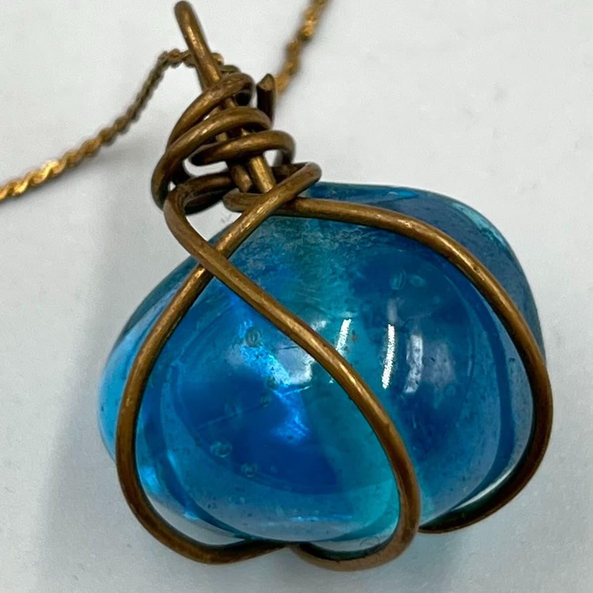 Vintage Blue Glass Orb Wire Wrapped Pendant Necklace Retro Boho Jewelry Classic - Thumbnail 4