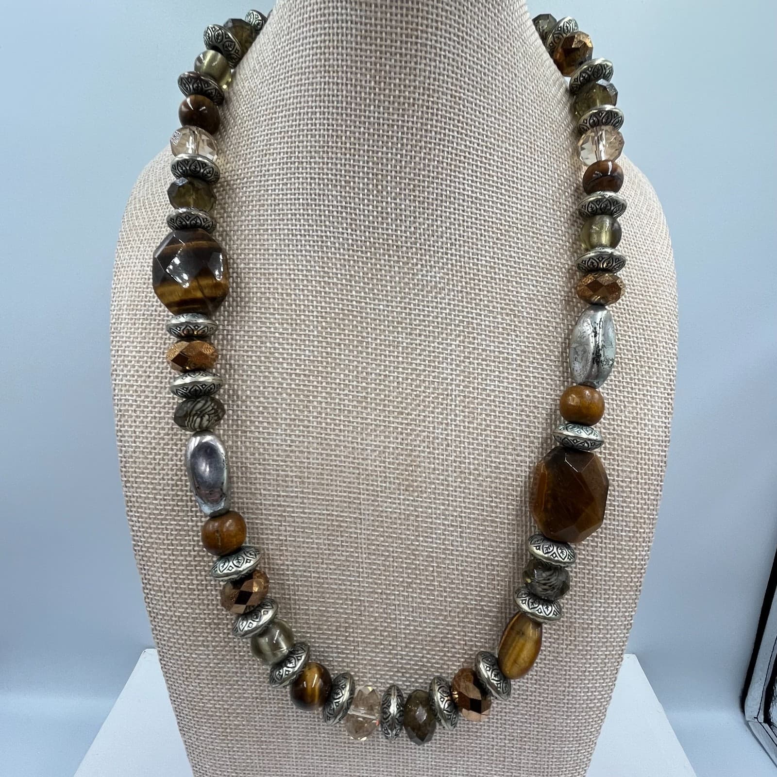 VTG Boho Tiger’s Eye & Mixed Bead Statement Necklace Silver Tone Southwestern