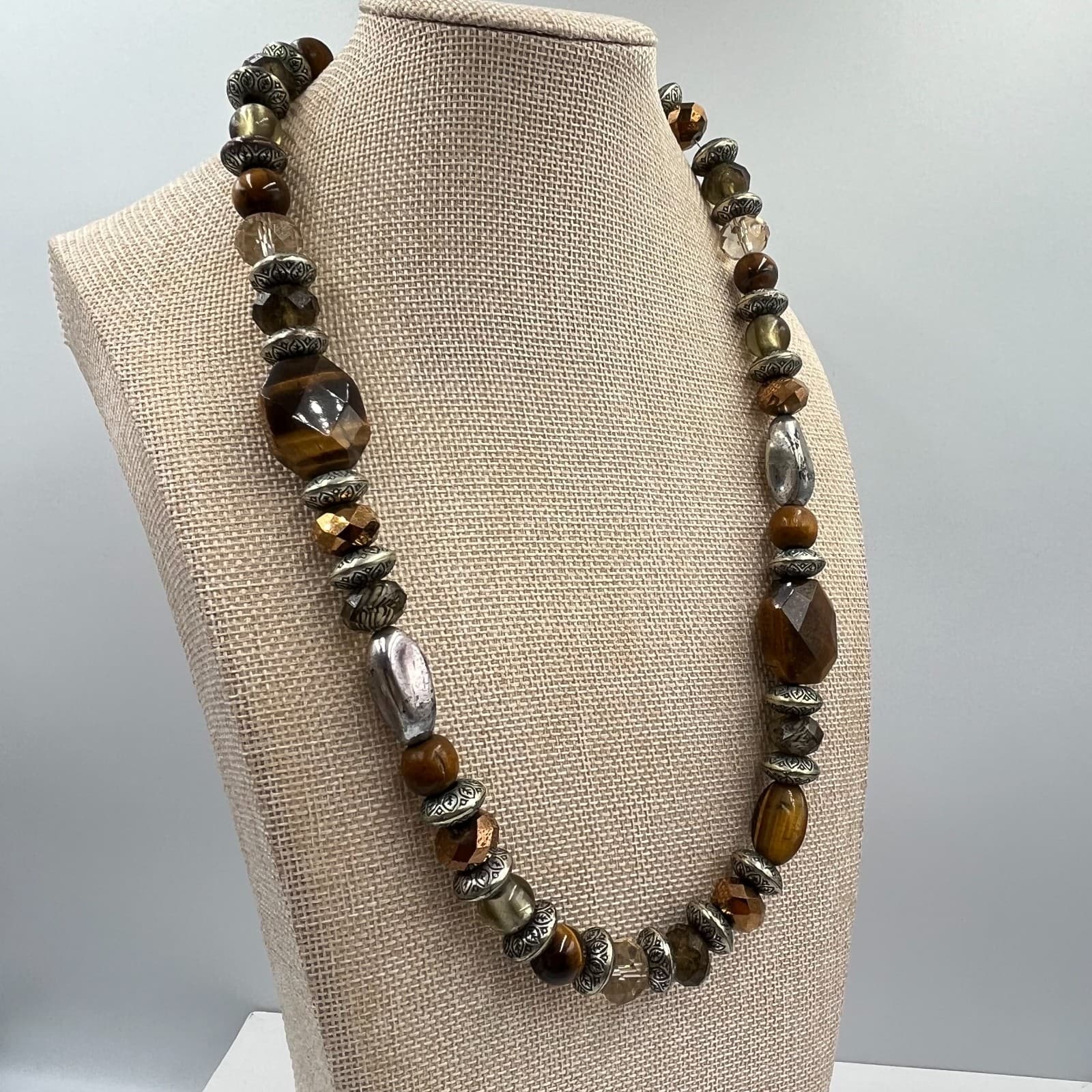 VTG Boho Tiger’s Eye & Mixed Bead Statement Necklace Silver Tone Southwestern - Thumbnail 5