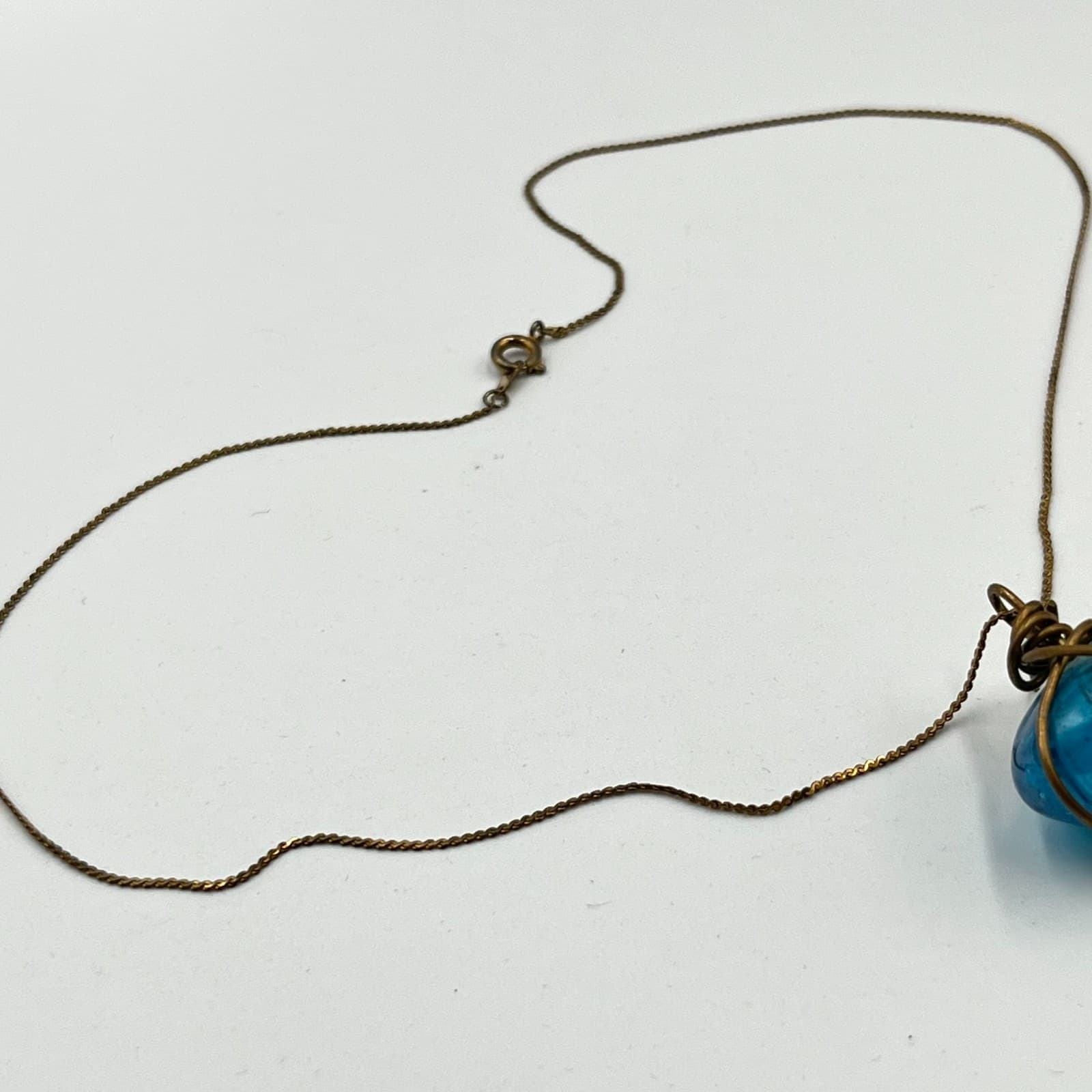 Vintage Blue Glass Orb Wire Wrapped Pendant Necklace Retro Boho Jewelry Classic - Thumbnail 5