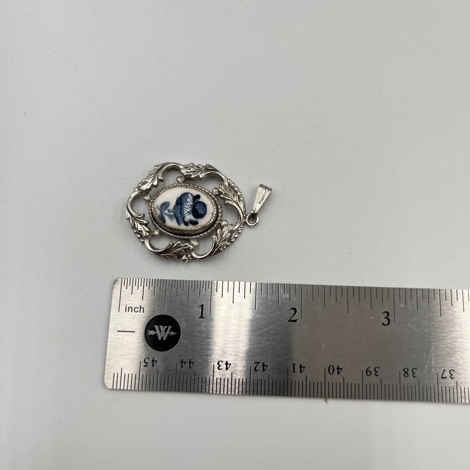 Vintage Blue Rose Porcelain Pendant Silver Tone Ornate Floral Filigree Boho - Thumbnail 5