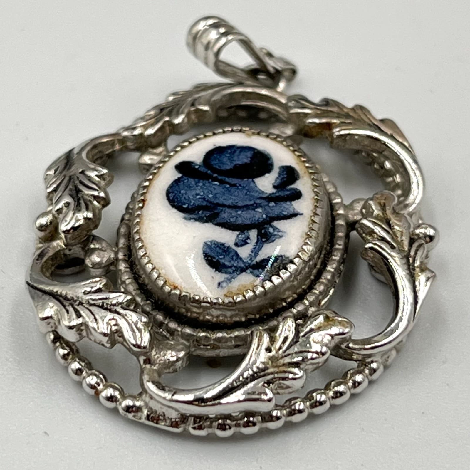 Vintage Blue Rose Porcelain Pendant Silver Tone Ornate Floral Filigree Boho - Thumbnail 3