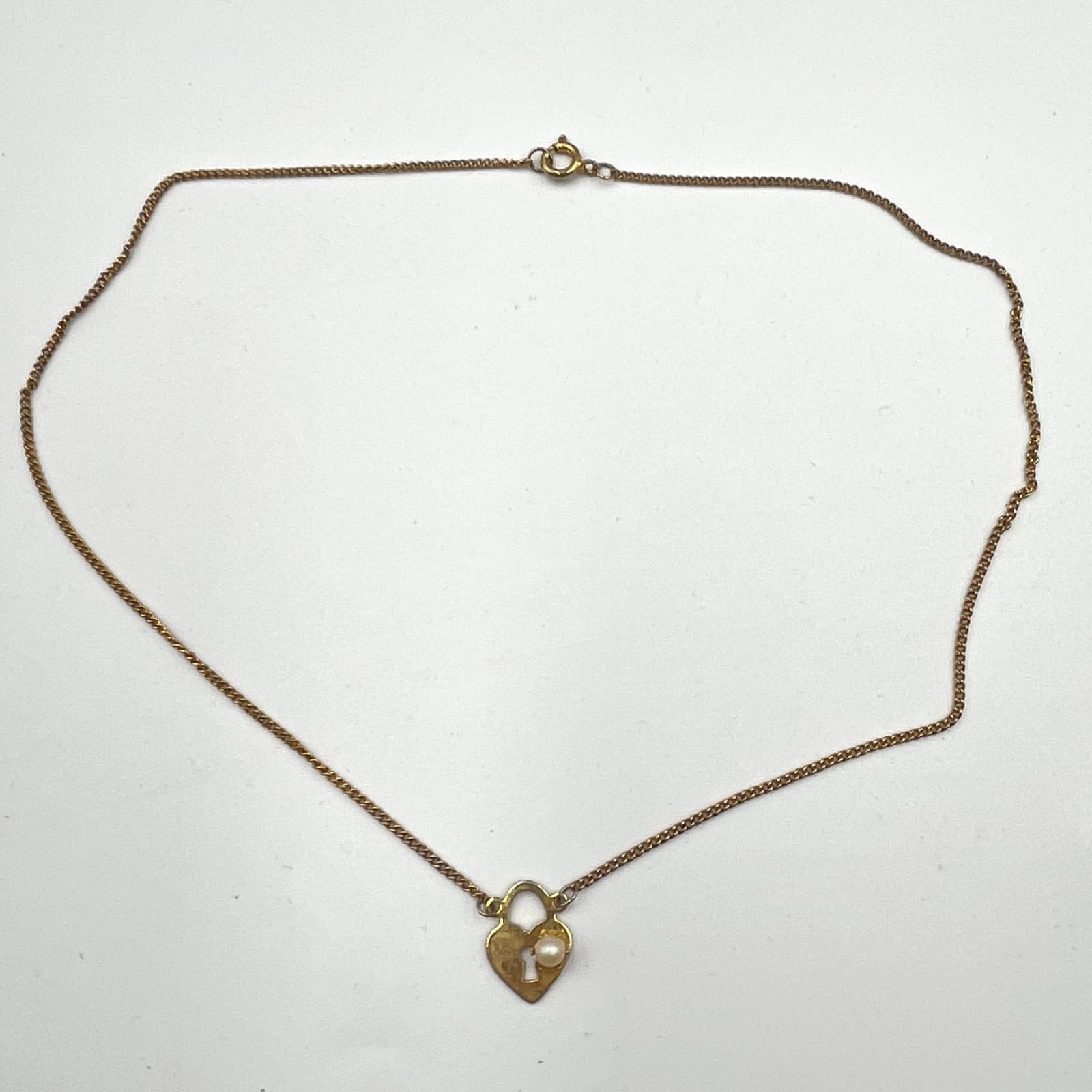 Vintage Gold Tone Heart Padlock Pearl Necklace Keyhole Faux Pearl Pendant - Thumbnail 2