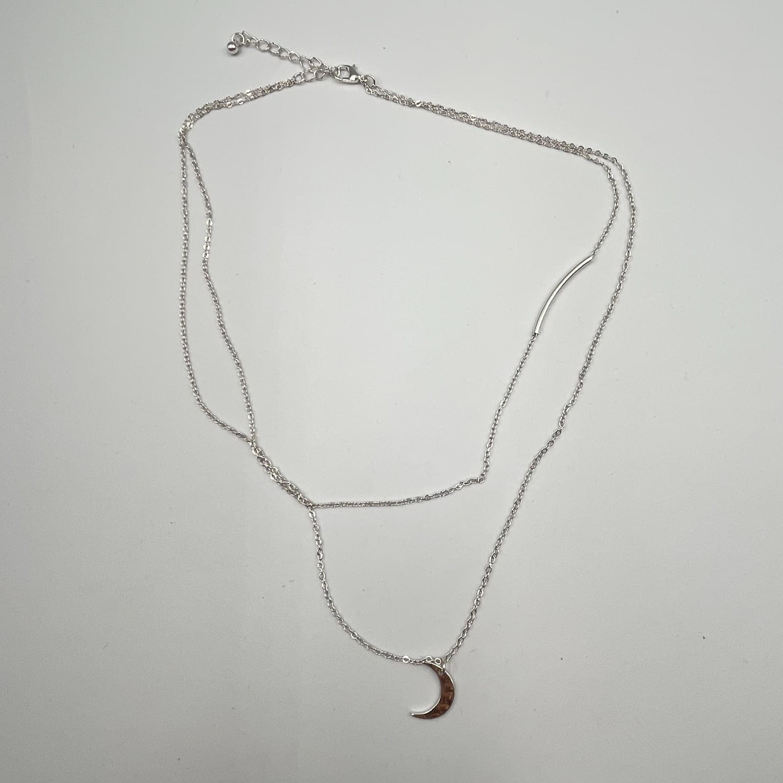 Vintage Y2K Silver Tone Layered Crescent Moon & Bar Pendant Necklace Boho Retro - Thumbnail 2