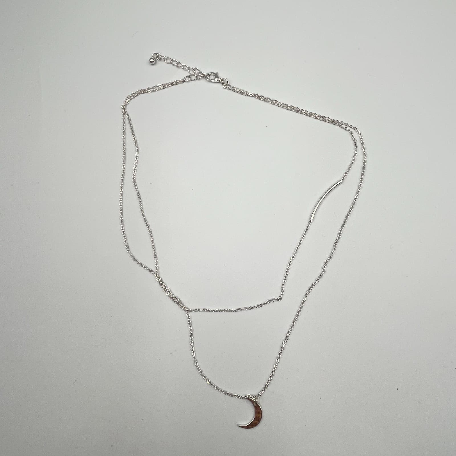 Vintage Y2K Silver Tone Layered Crescent Moon & Bar Pendant Necklace Boho Retro - Thumbnail 6