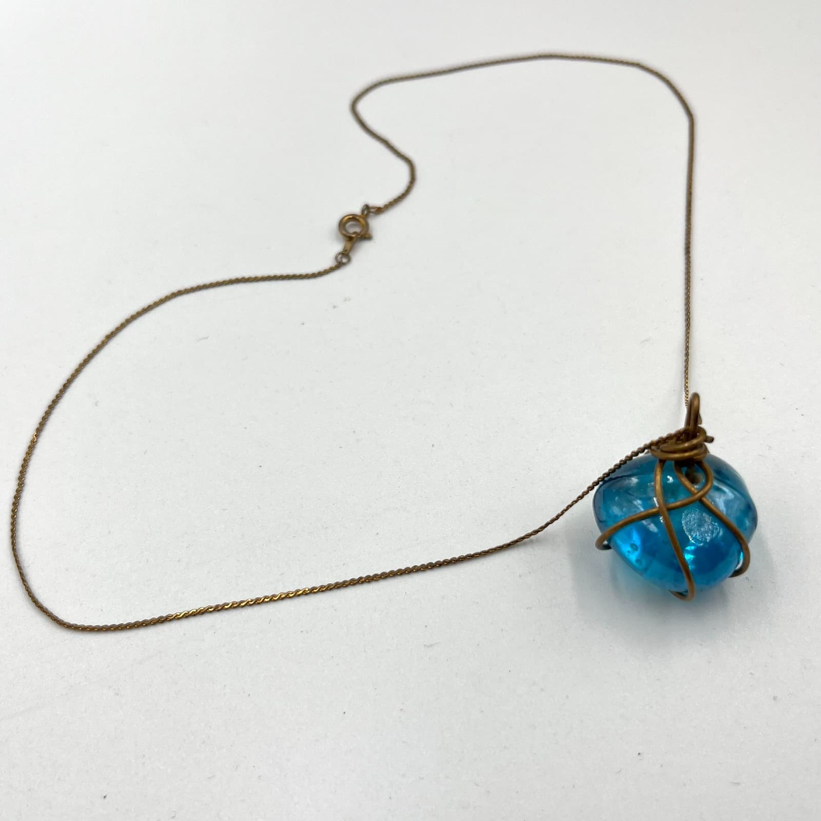 Vintage Blue Glass Orb Wire Wrapped Pendant Necklace Retro Boho Jewelry Classic - Thumbnail 2