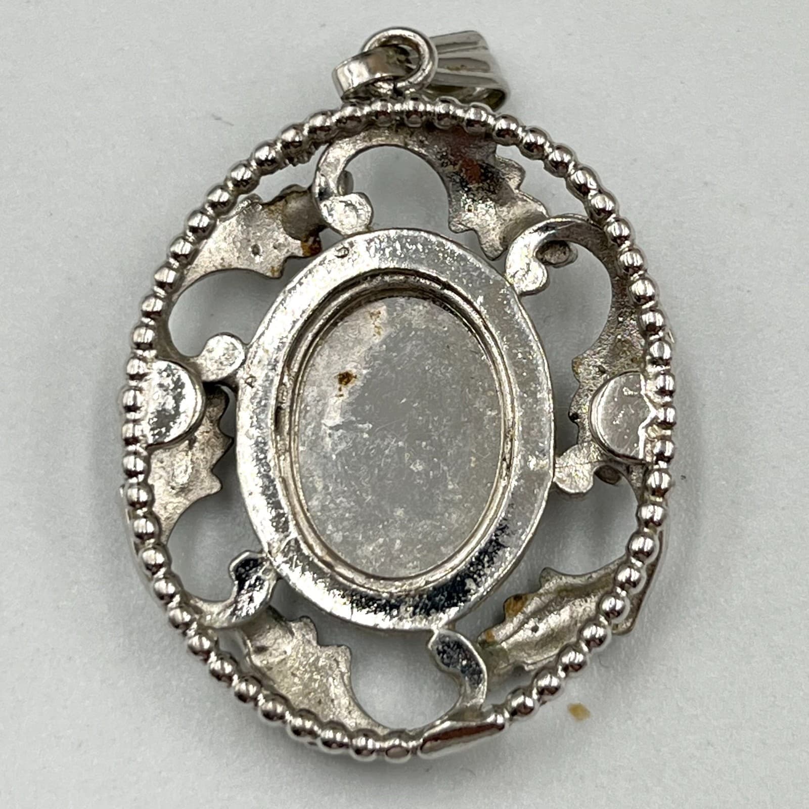 Vintage Blue Rose Porcelain Pendant Silver Tone Ornate Floral Filigree Boho - Thumbnail 4