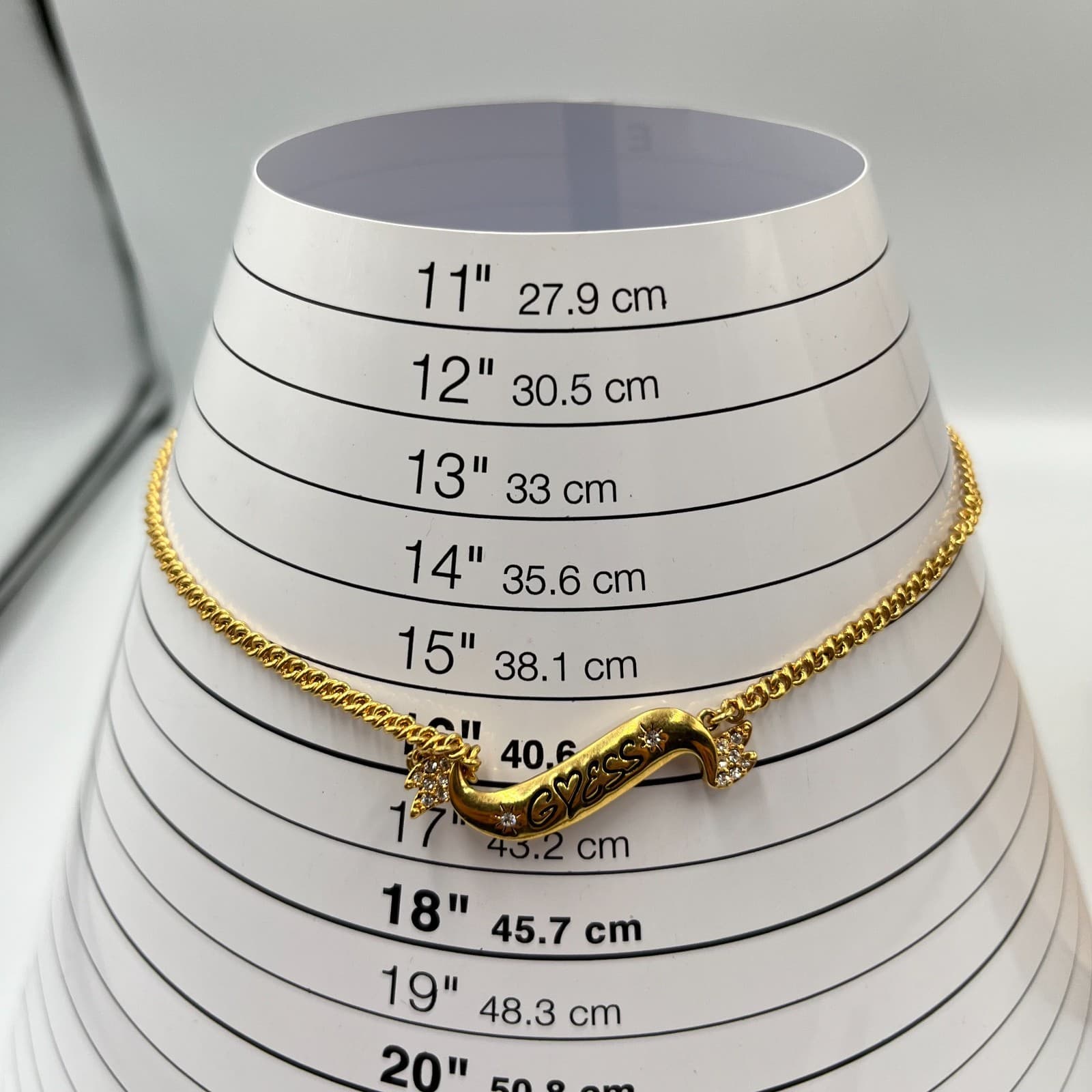 VTG GUESS Y2K Gold Tone Banner Logo Necklace Rhinestone Script Ribbon Classic - Thumbnail 7