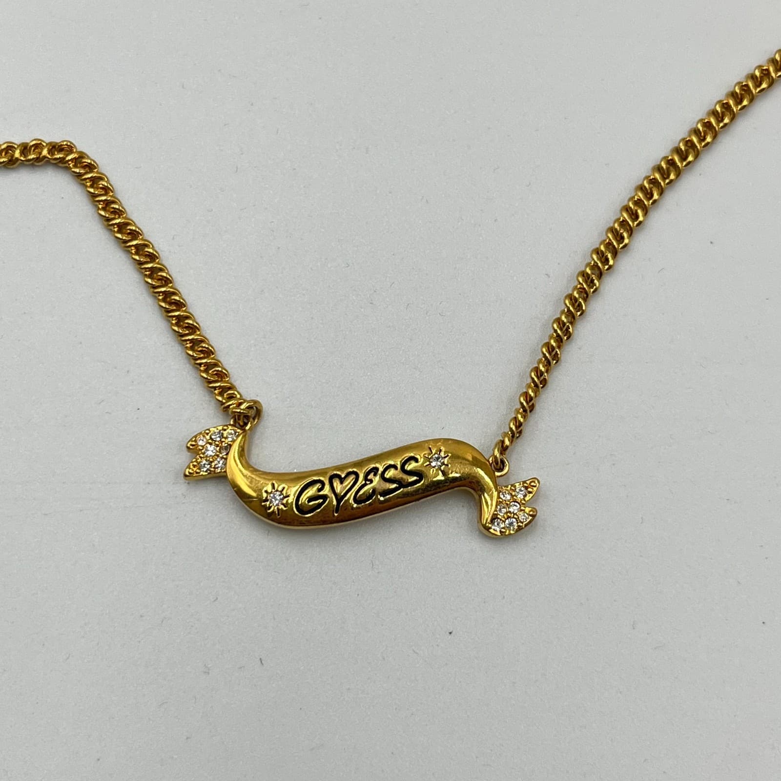 VTG GUESS Y2K Gold Tone Banner Logo Necklace Rhinestone Script Ribbon Classic - Thumbnail 6
