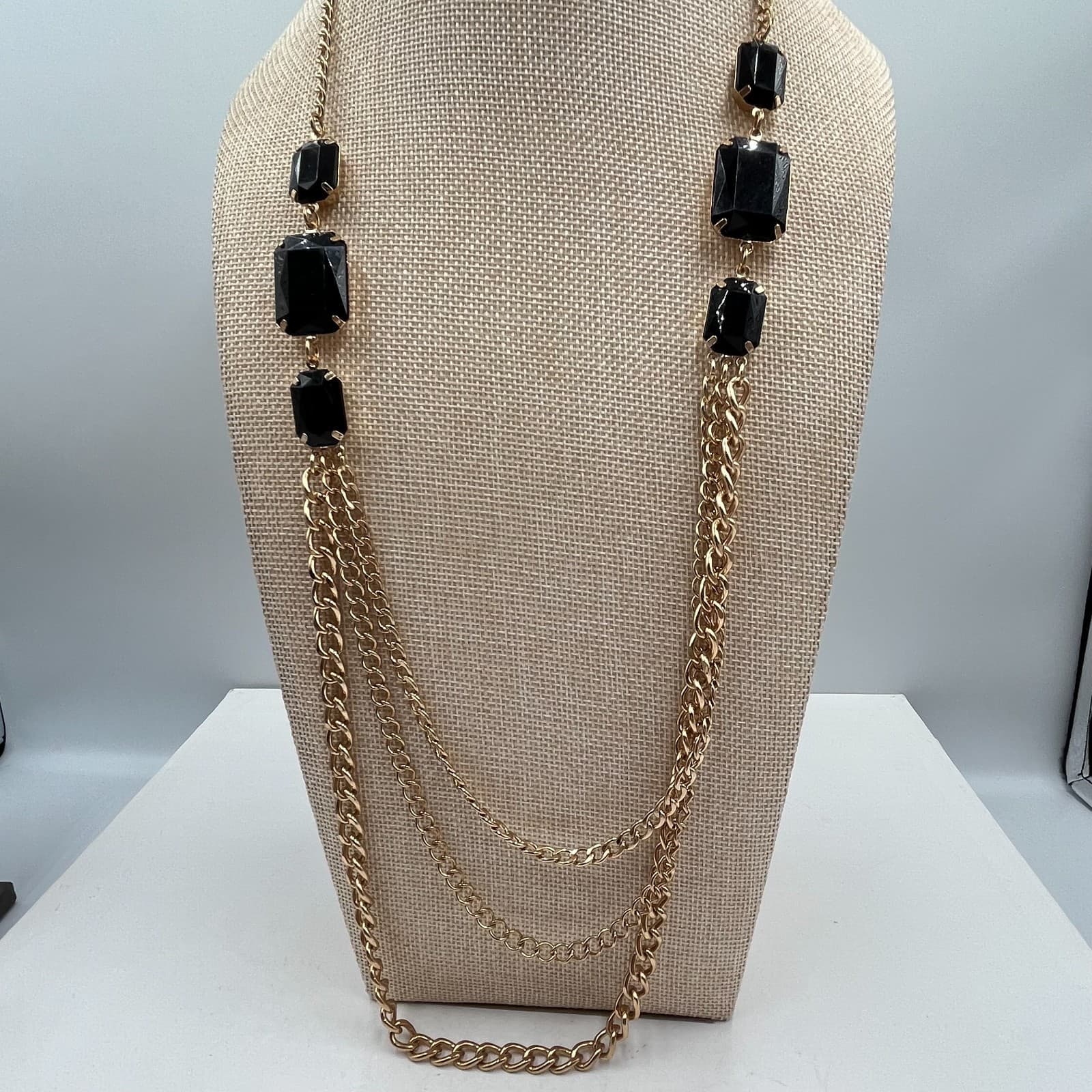 VTG Gold Tone Black Prong Beads Multi-Strand Layered Necklace & Earrings Set - Thumbnail 2