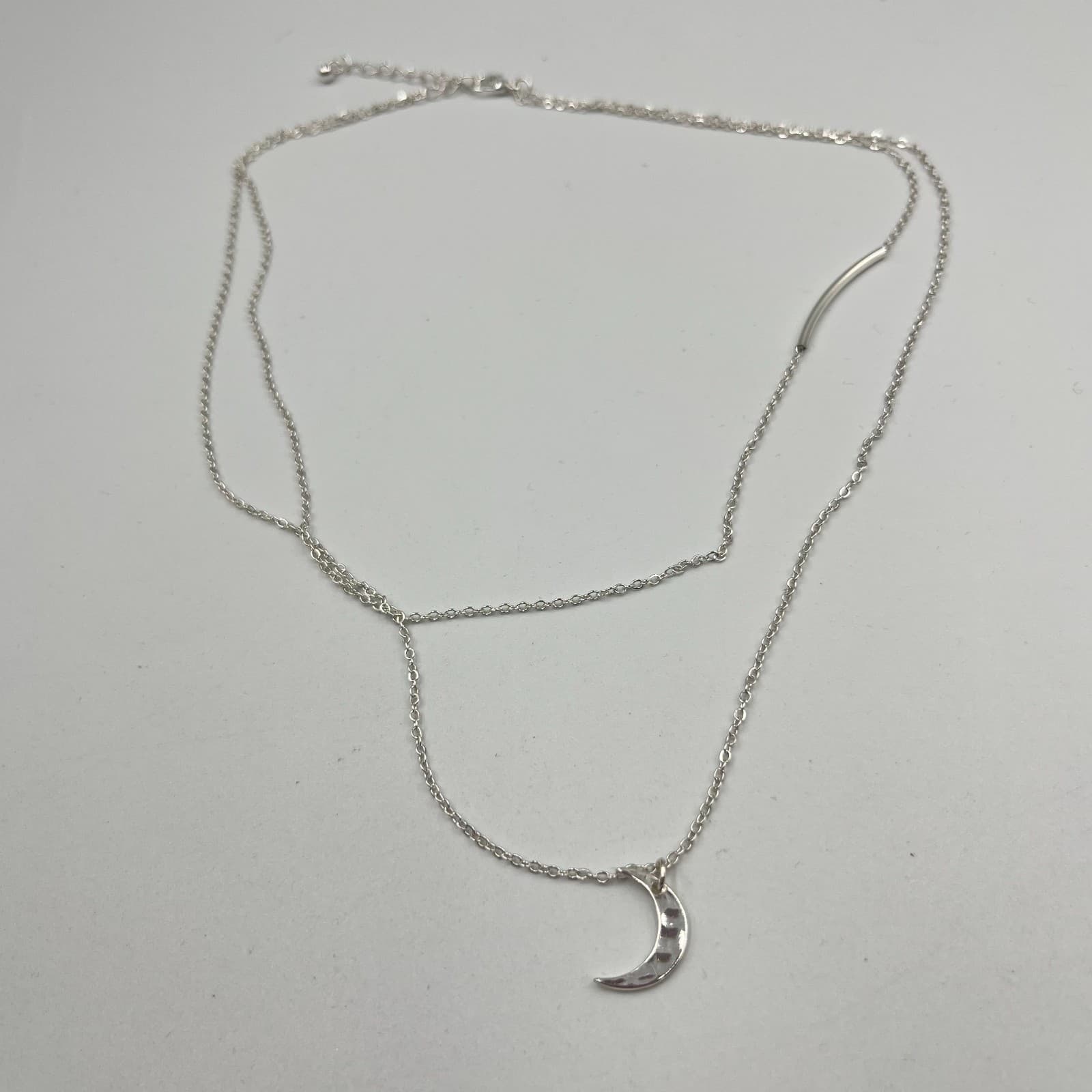 Vintage Y2K Silver Tone Layered Crescent Moon & Bar Pendant Necklace Boho Retro - Thumbnail 4