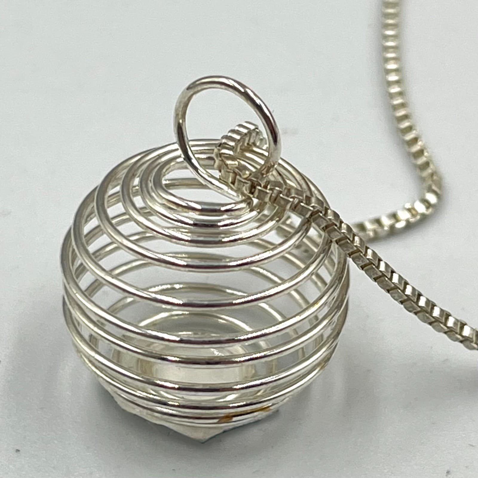 Vintage Silver Tone Spiral Cage Orb Pendant Box Chain Necklace Y2K Retro Classic - Thumbnail 3