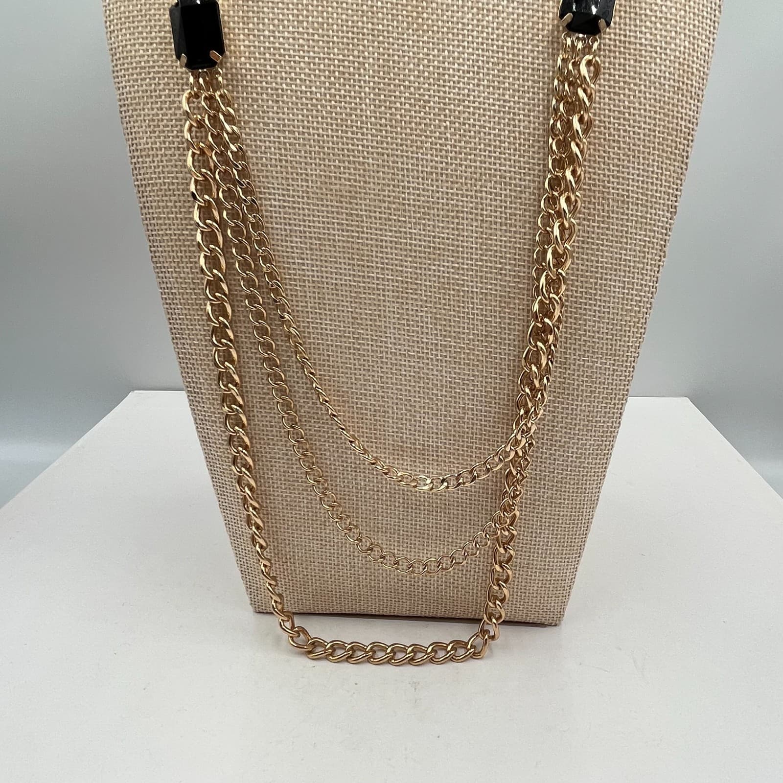 VTG Gold Tone Black Prong Beads Multi-Strand Layered Necklace & Earrings Set - Thumbnail 4
